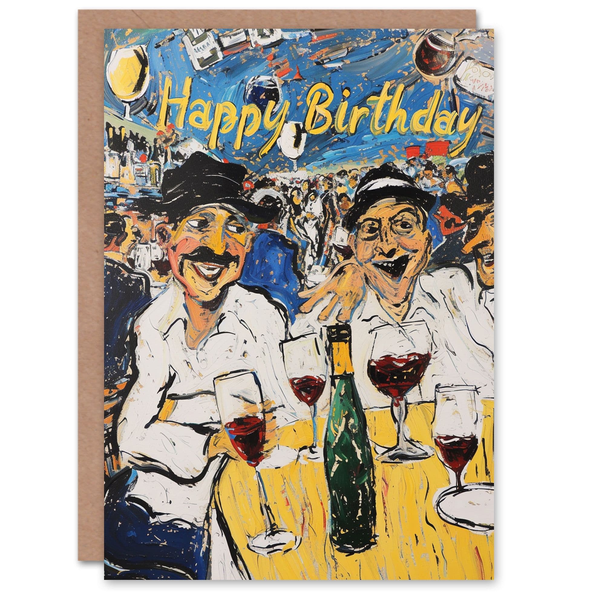 Artery8 Birthday Card Italian Men Drinking Wine Painting Old Friends For Him Dad Brother Son Papa Grandad Greeting Card