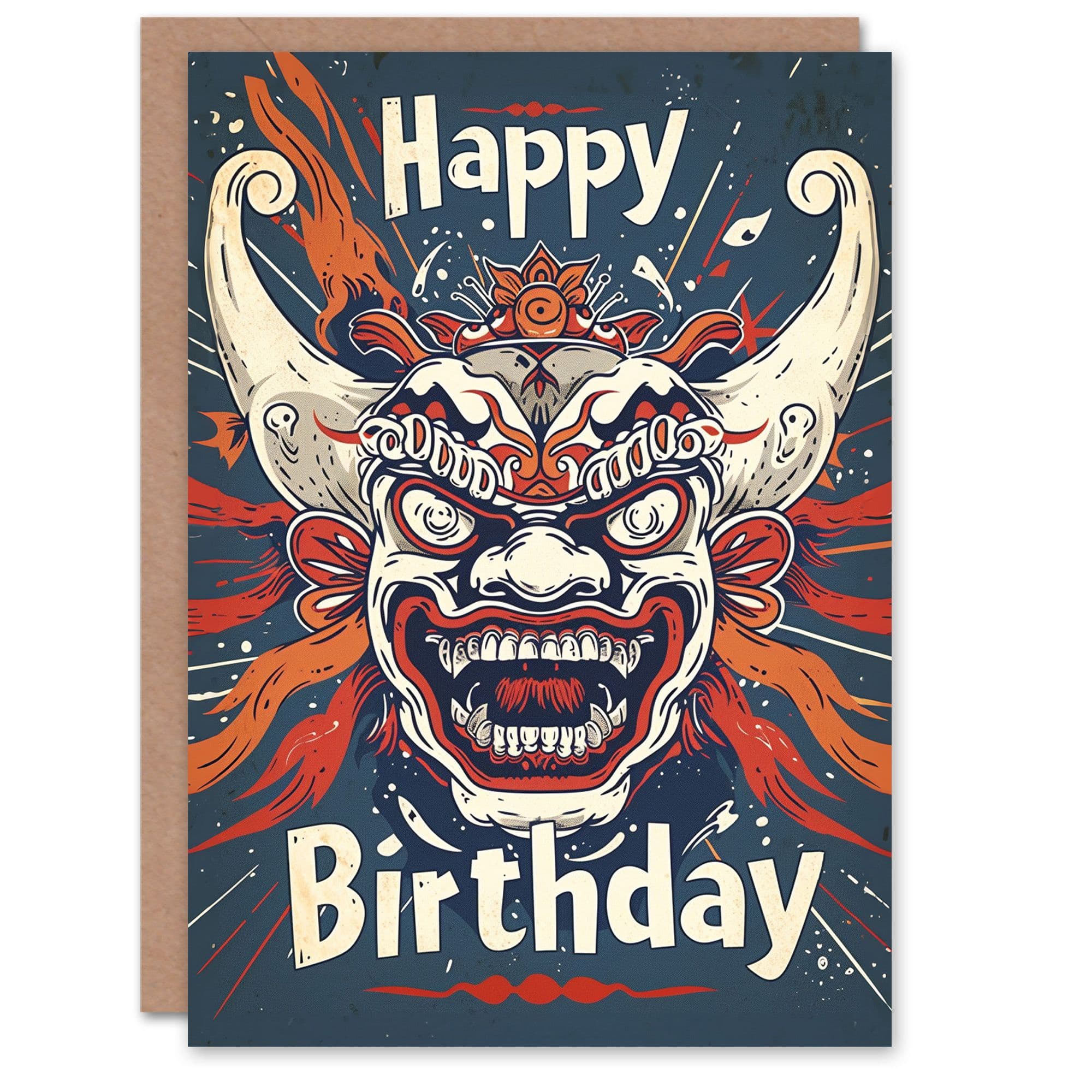 Artery8 Birthday Card Indonesian Mask Tattoo Bold Traditional For Him Dad Brother Son Papa Grandad Greeting Card