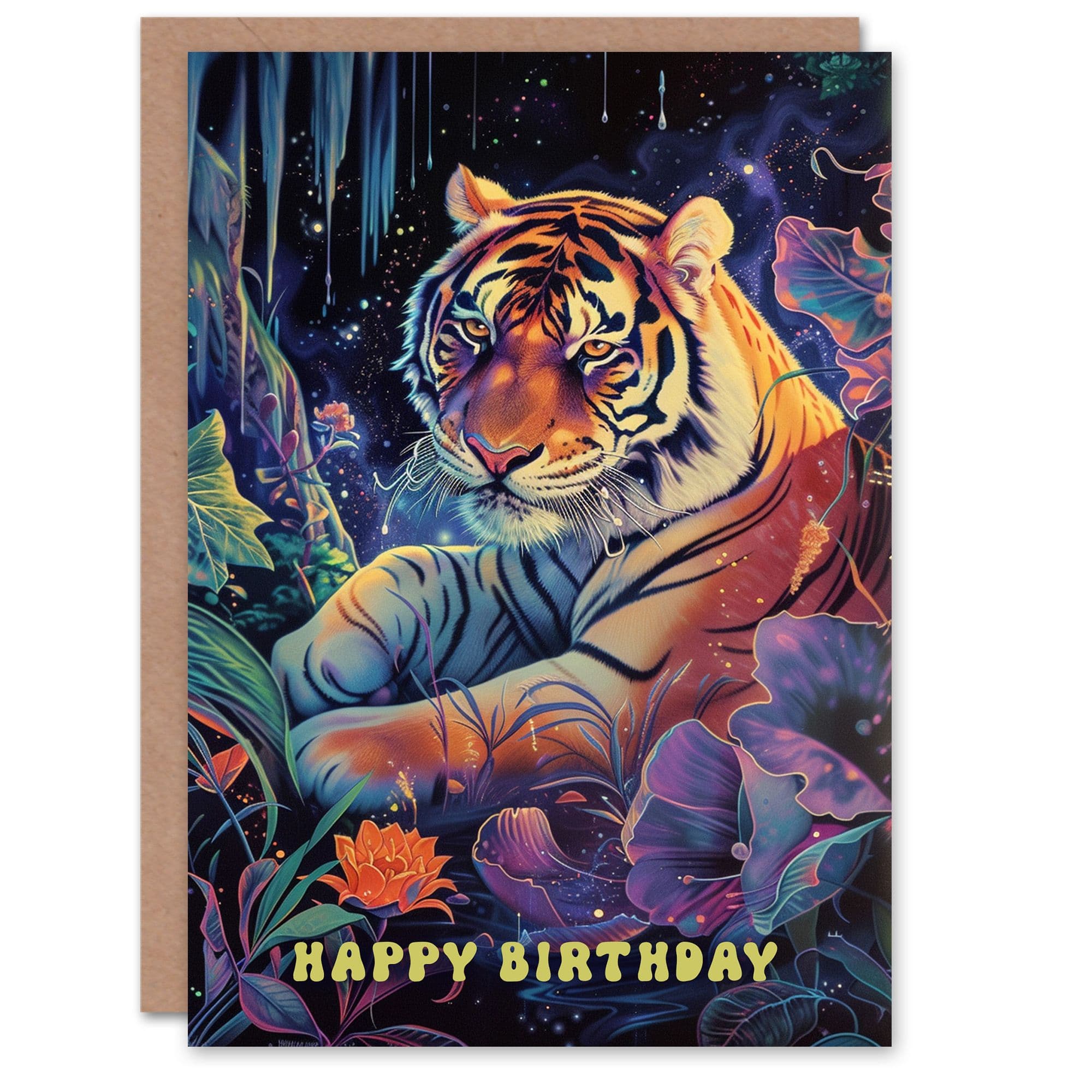 Artery8 Birthday Card Mystic Tiger Fantasy Flowers Stars Hippy For Him Her Man Woman Greeting Card