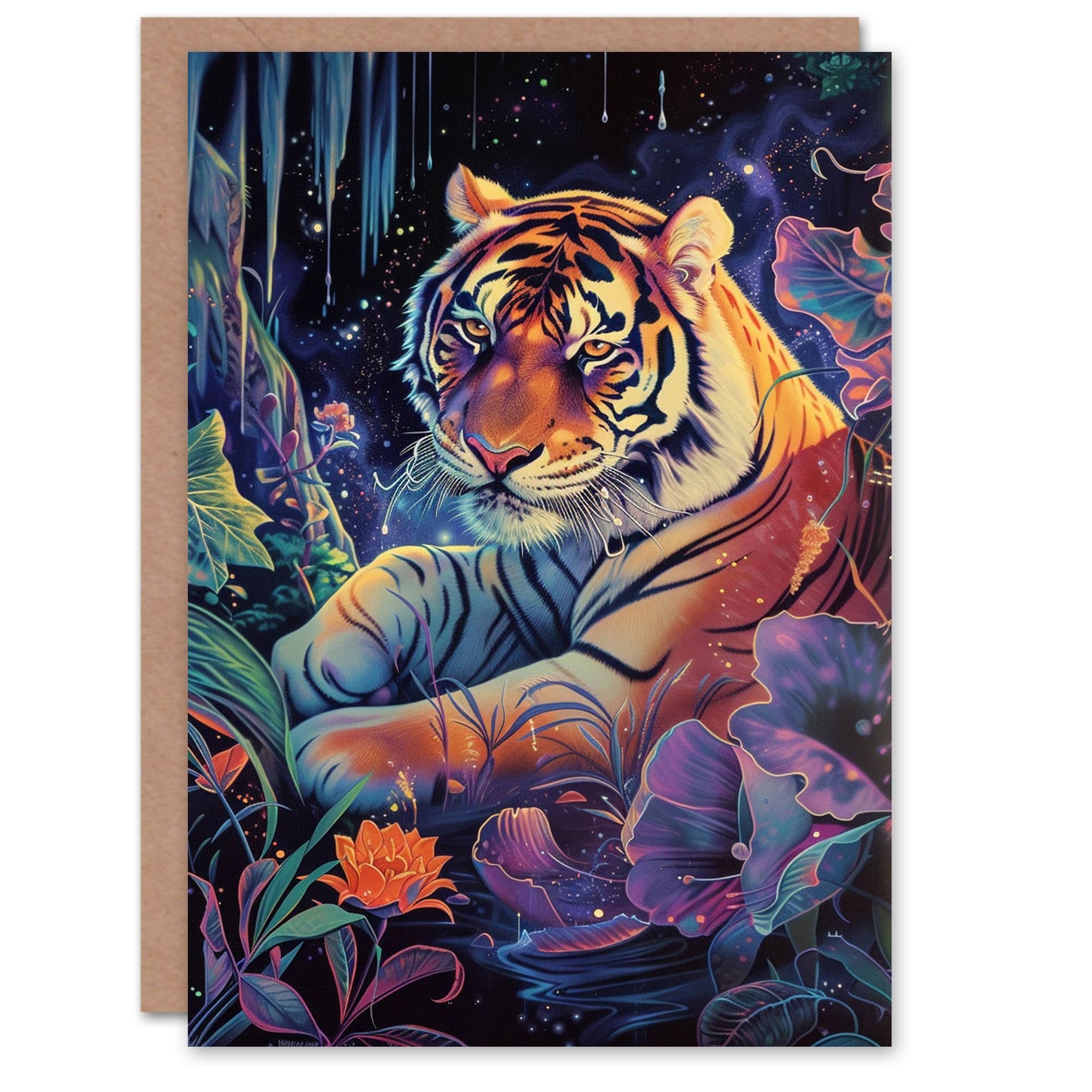 Artery8 Birthday Card Magical Fantasy Tiger Floral Mystic Stars Arty Art All Occasion Greeting Card