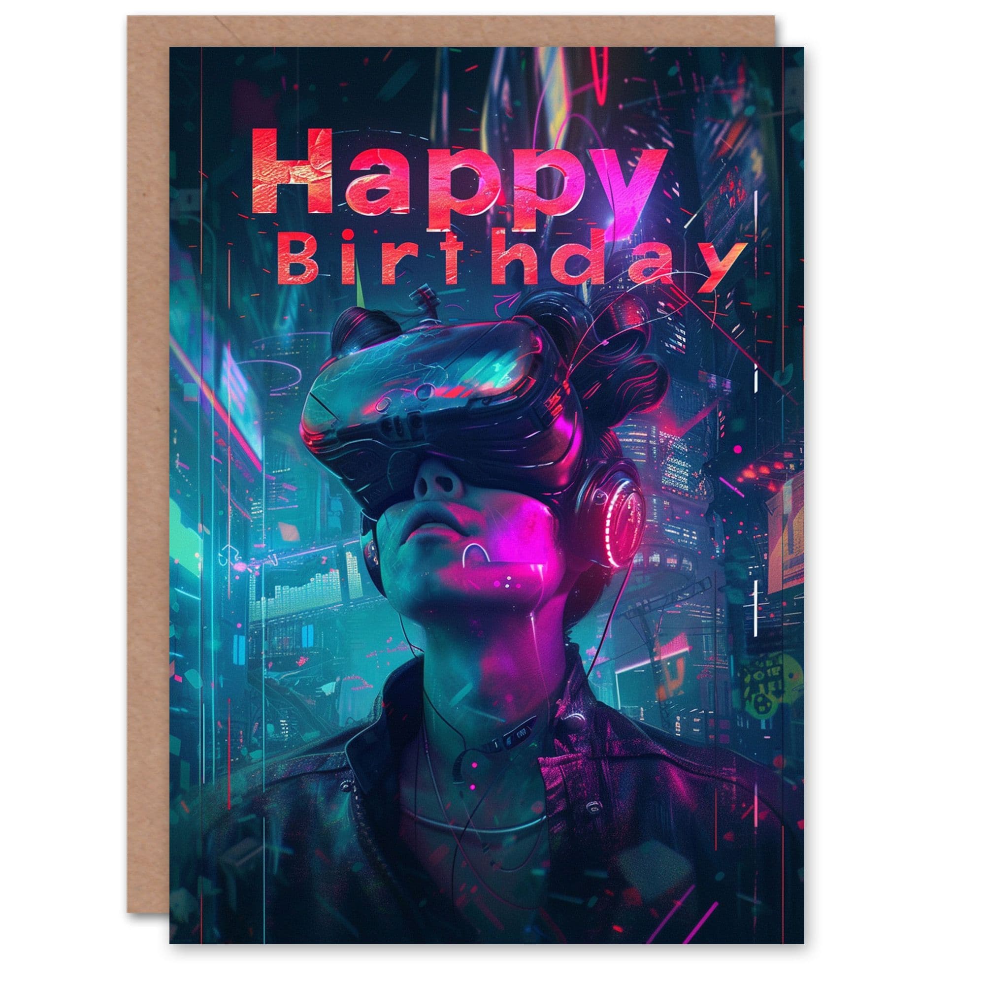 Artery8 Birthday Card Cyberpunk Neon Portrait VR Future For Him Dad Brother Son Papa Grandad Greeting Card
