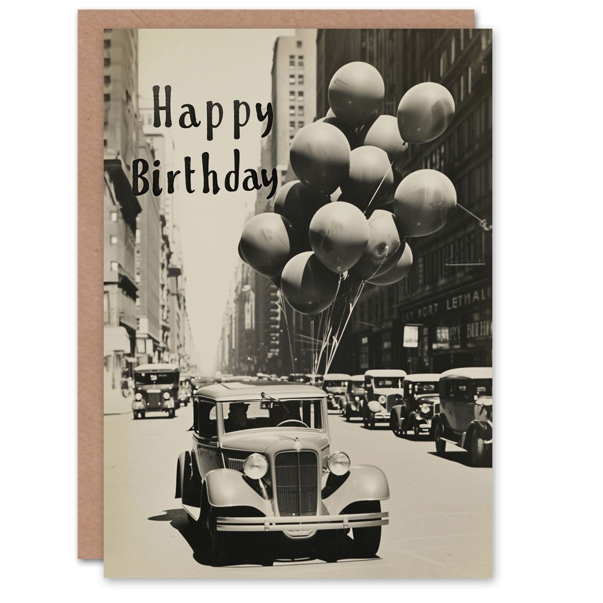 Birthday Card Vintage Car Balloons 1920s White Photo Him Dad Brother Son Papa Grandad Greeting Card