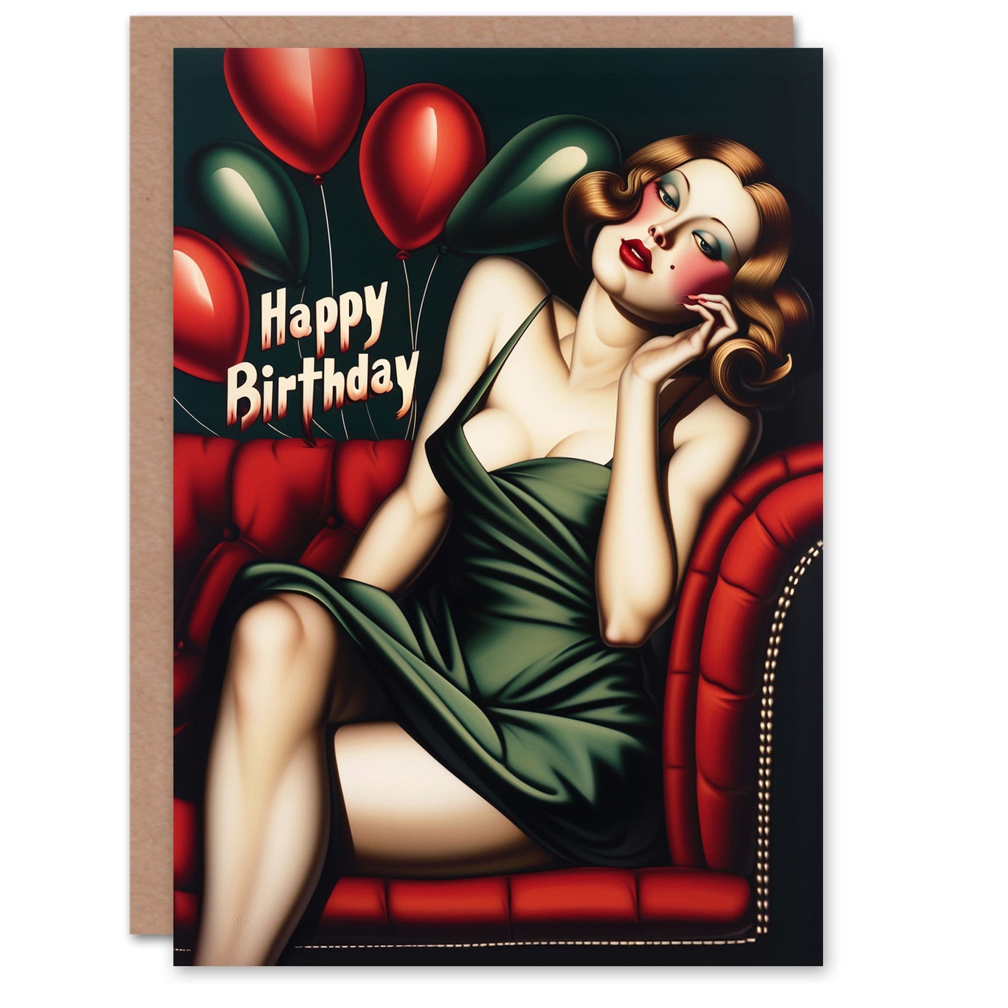 Artery8 Birthday Card Sexy 1930s Lady Balloons Sultry Vintage For Him Dad Brother Son Papa Grandad Greeting Card