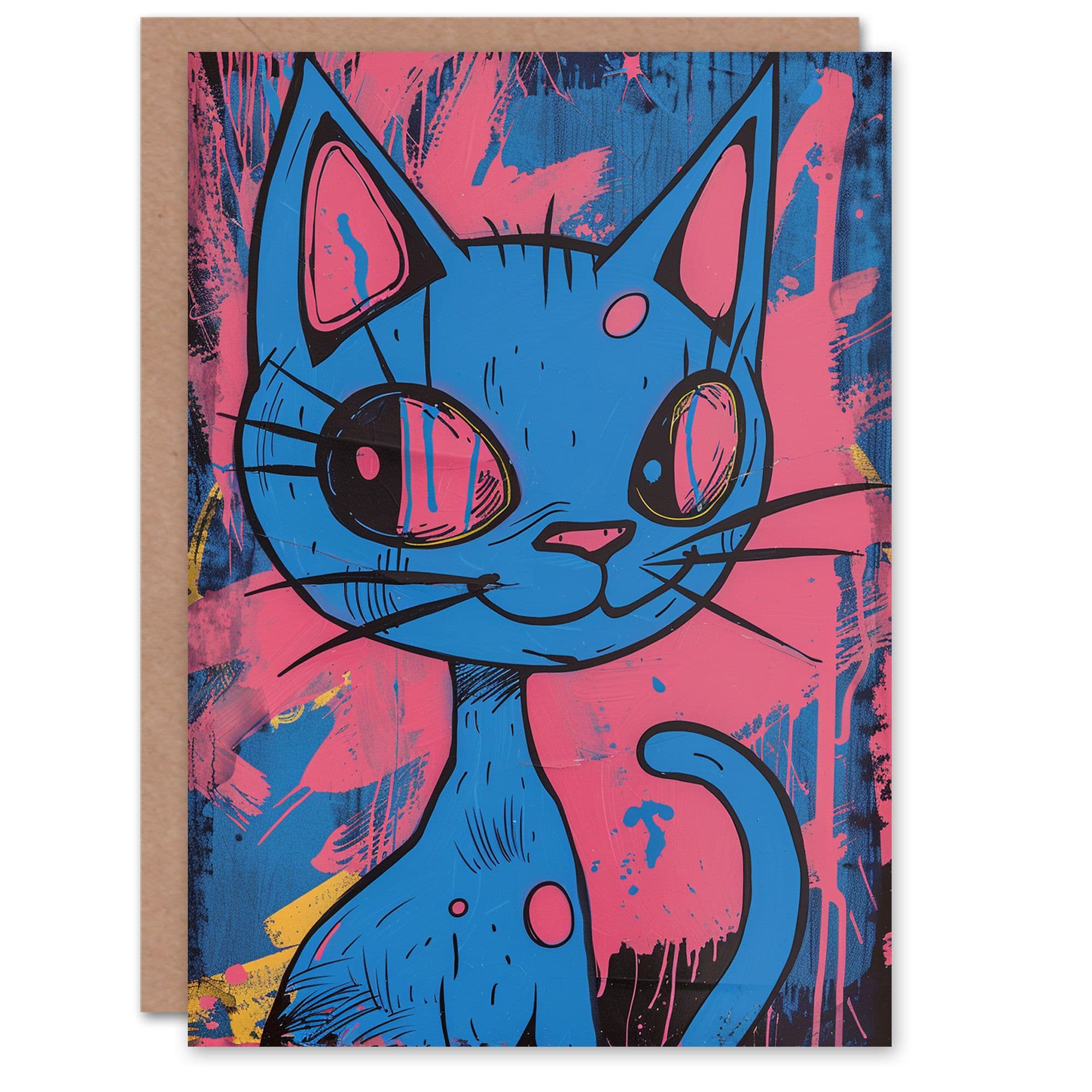 Artery8 Birthday Card Pink Blue Art Cat Painting Abstract Punk Arty Art All Occasion Greeting Card