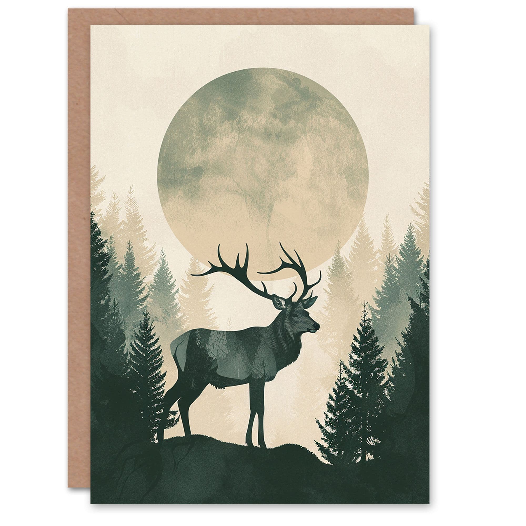 Birthday Card Stag Full Moon Abstract Forest Woodland Him Dad Brother Son Papa Grandad Greeting Card