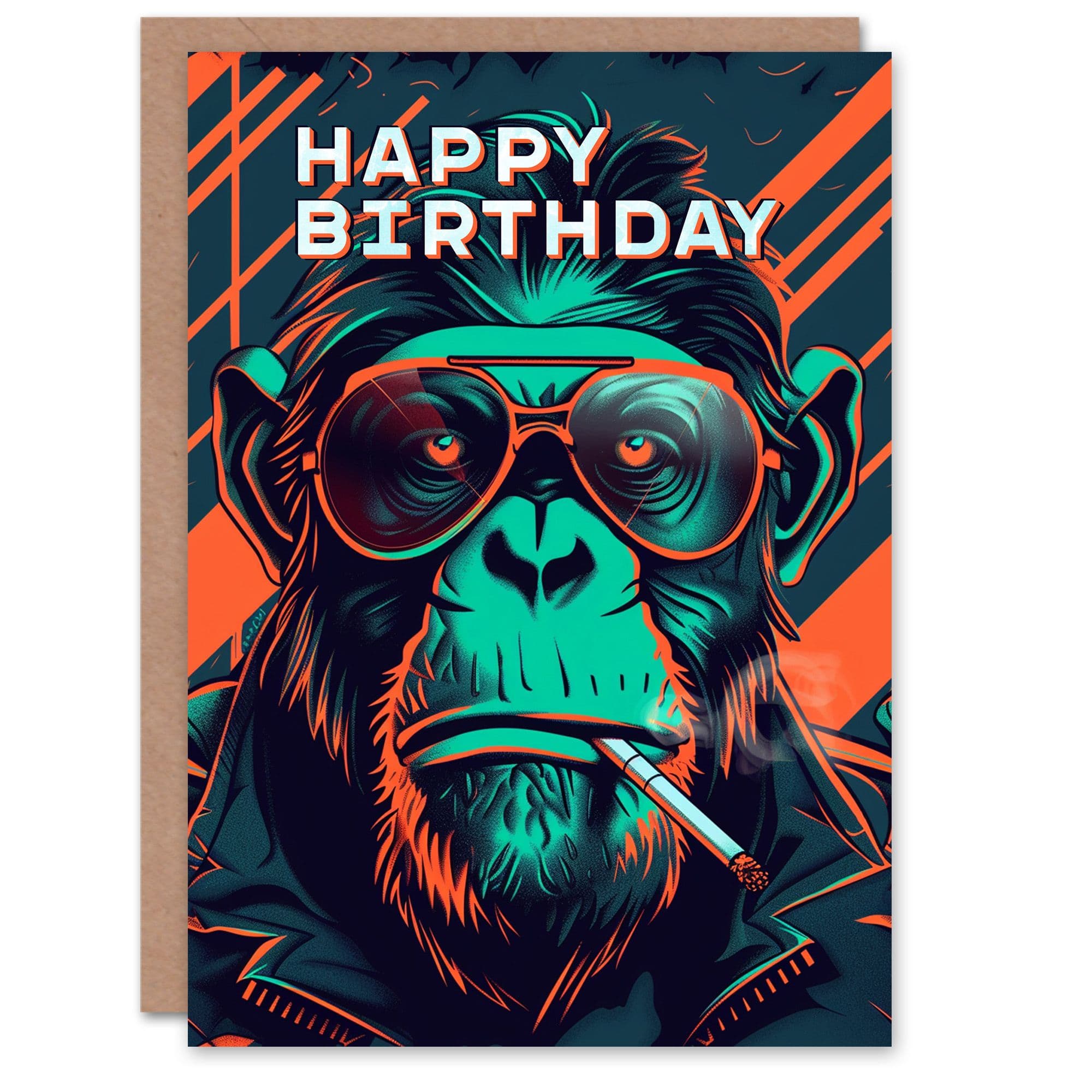 Artery8 Birthday Card Biker Chimp Neon Cyberpunk 1980s For Him Dad Brother Son Papa Grandad Greeting Card