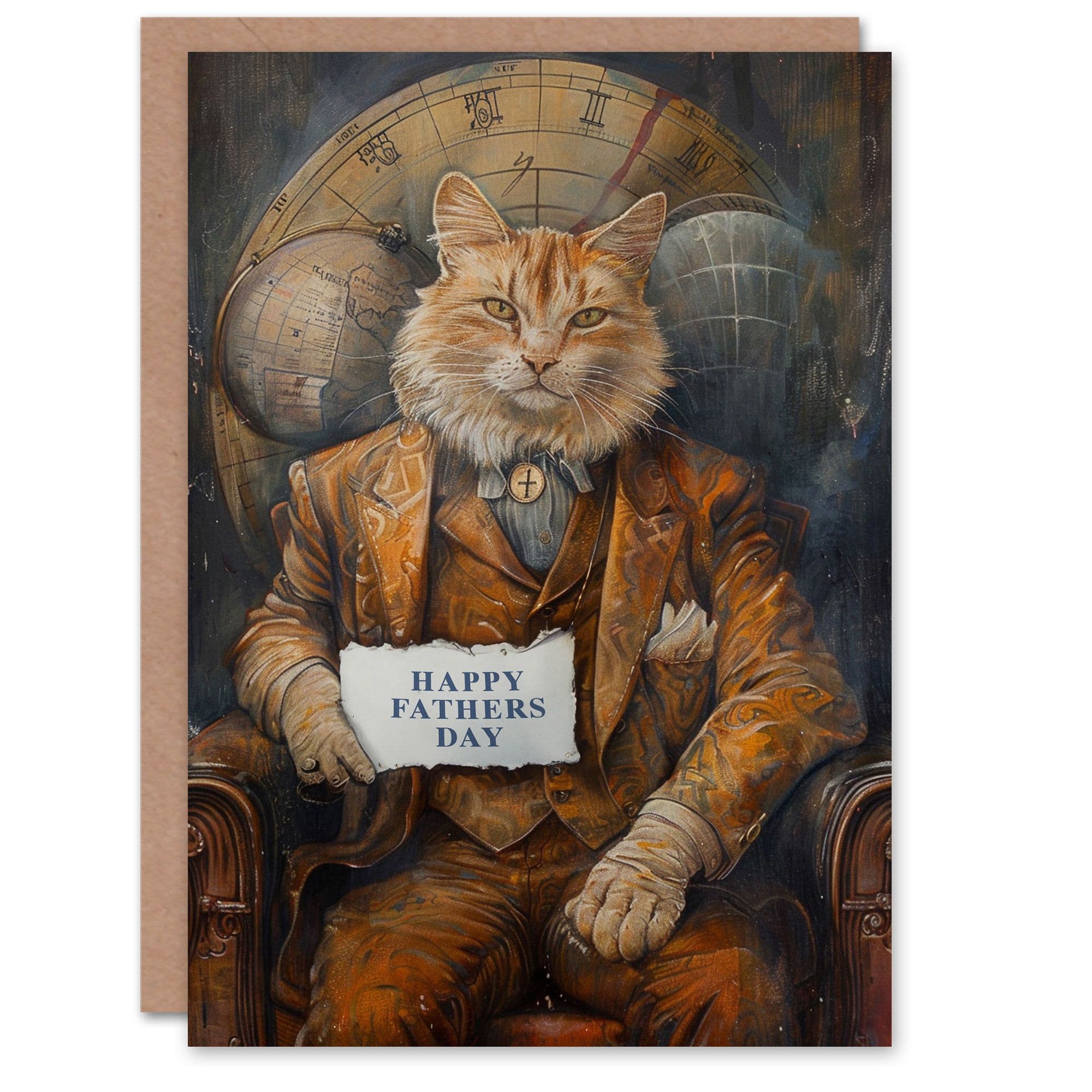 Artery8 Father's Day Card Cat Adventure Steampunk Oil Painting Globe For Him Dad Brother Son Papa Grandad Greeting Card