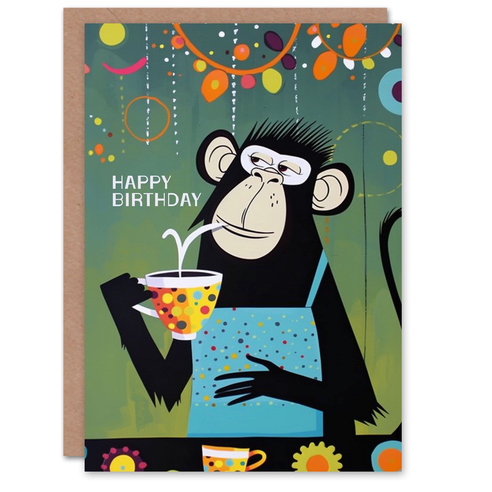 Artery8 Birthday Card Chimp in Apron Tea Coffee Fun Quirky For Him Dad Brother Son Papa Grandad Greeting Card