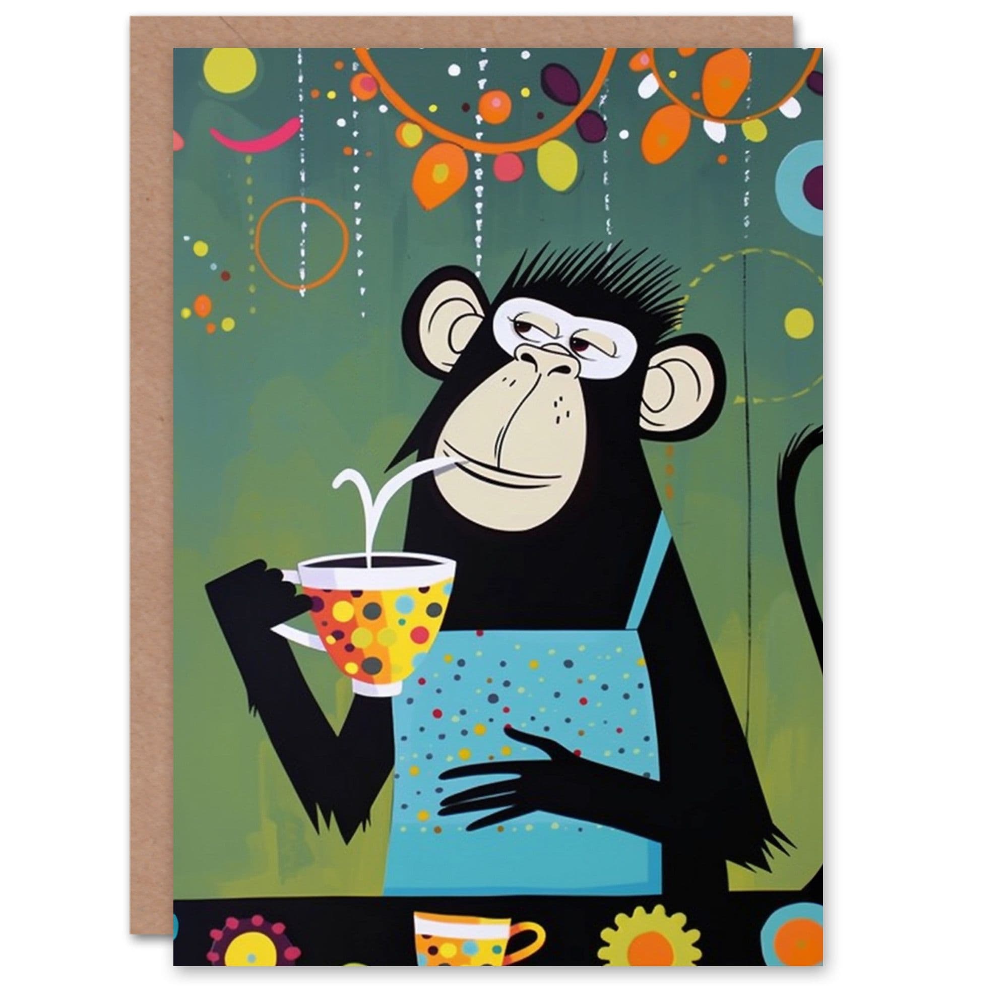 Birthday Card Chimp Monkey Tea Apron Bright Colourful Fun Arty Art All Occasion Greeting Card