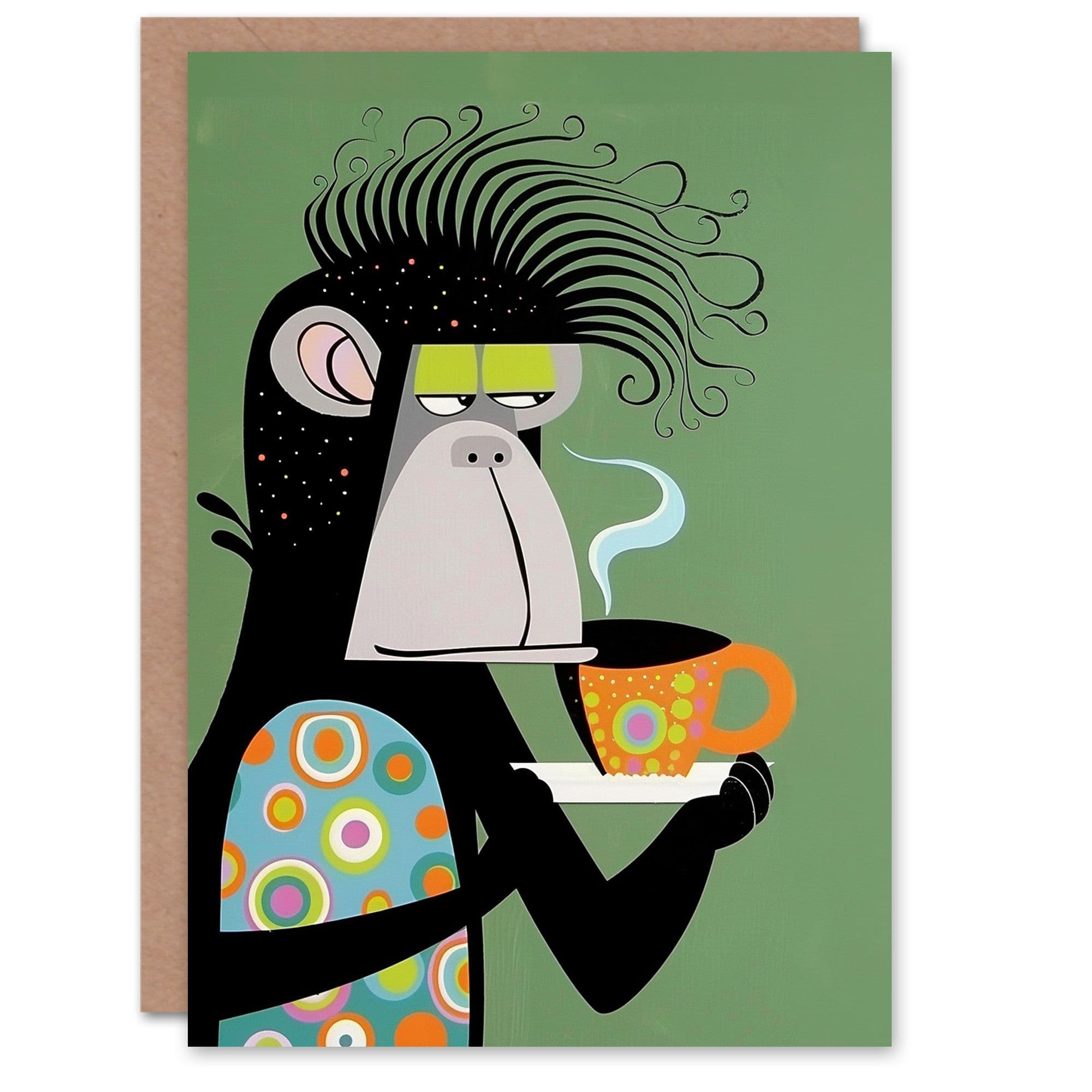 Birthday Card Abstract Chimp Monkey Tea Coffee Fun Arty Art All Occasion Greeting Card