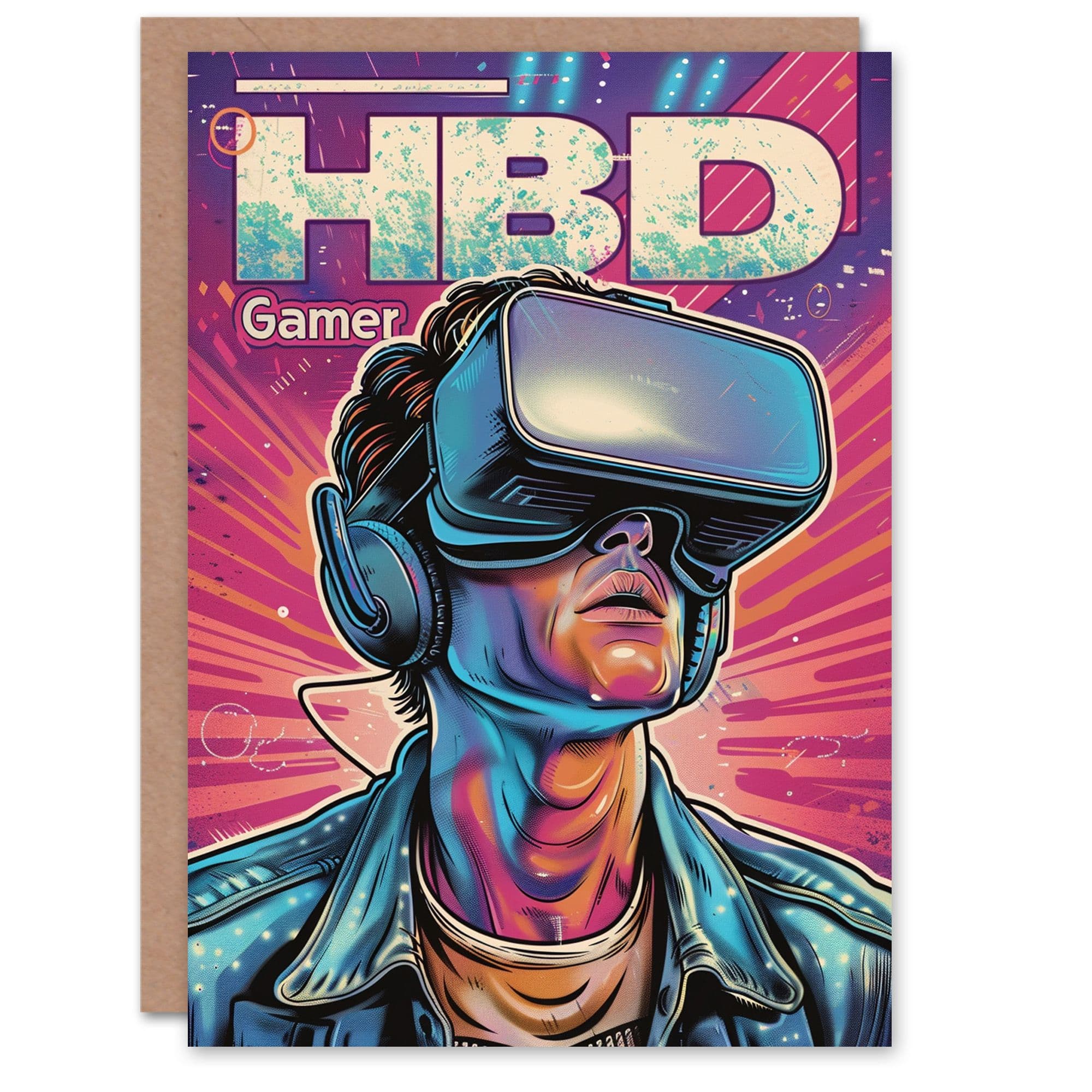 Birthday Card Pop Art Gamer VR Space Nerd Bright Him Dad Brother Son Papa Grandad Greeting Card