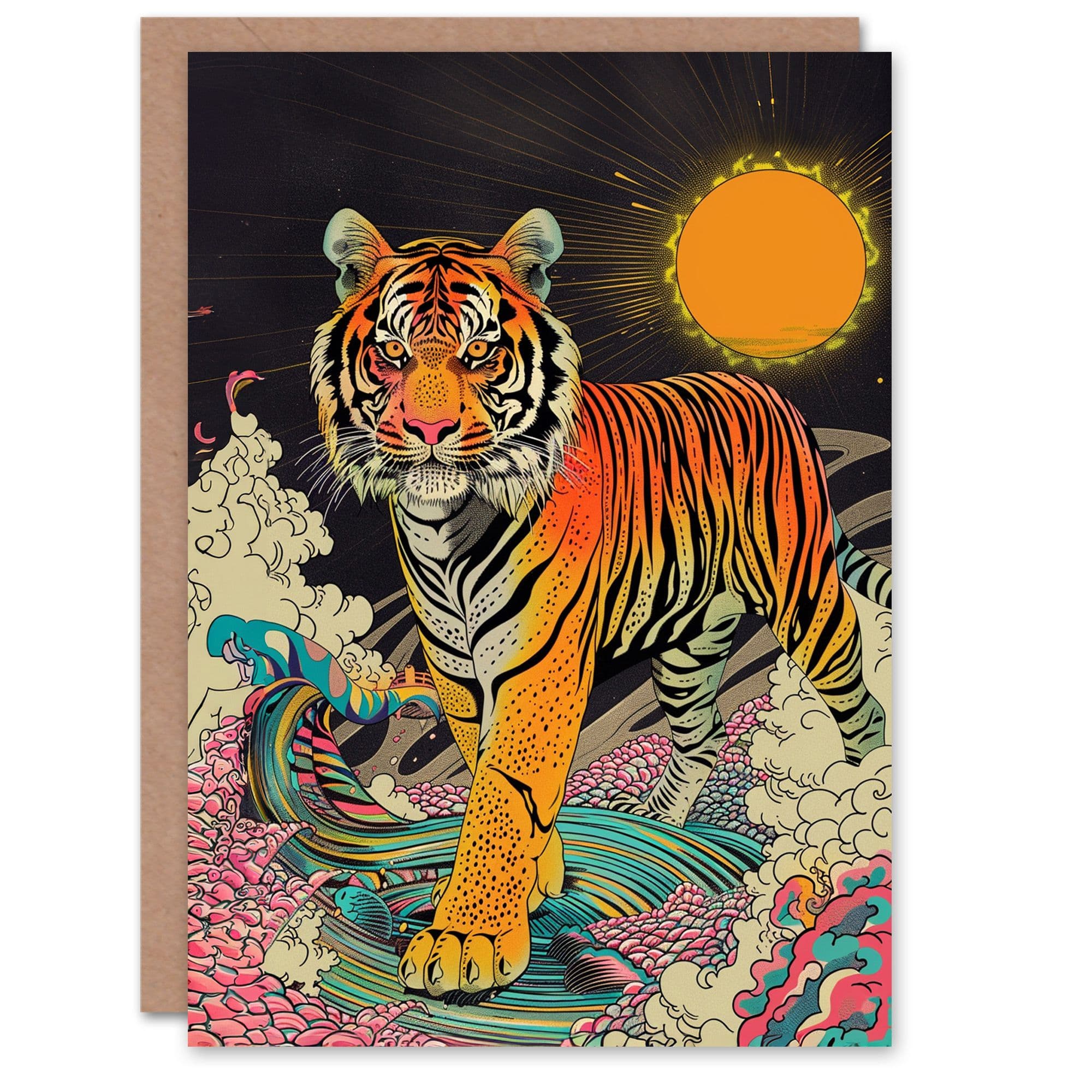 Artery8 Birthday Card Psychedelic Tiger Sun Mystic Trippy Arty Art All Occasion Greeting Card