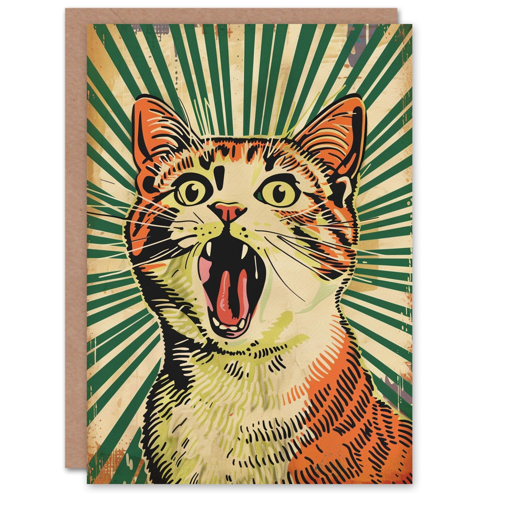 Birthday Card Pop Art Cat Scream Fun Stripes Bold Arty Art All Occasion Greeting Card