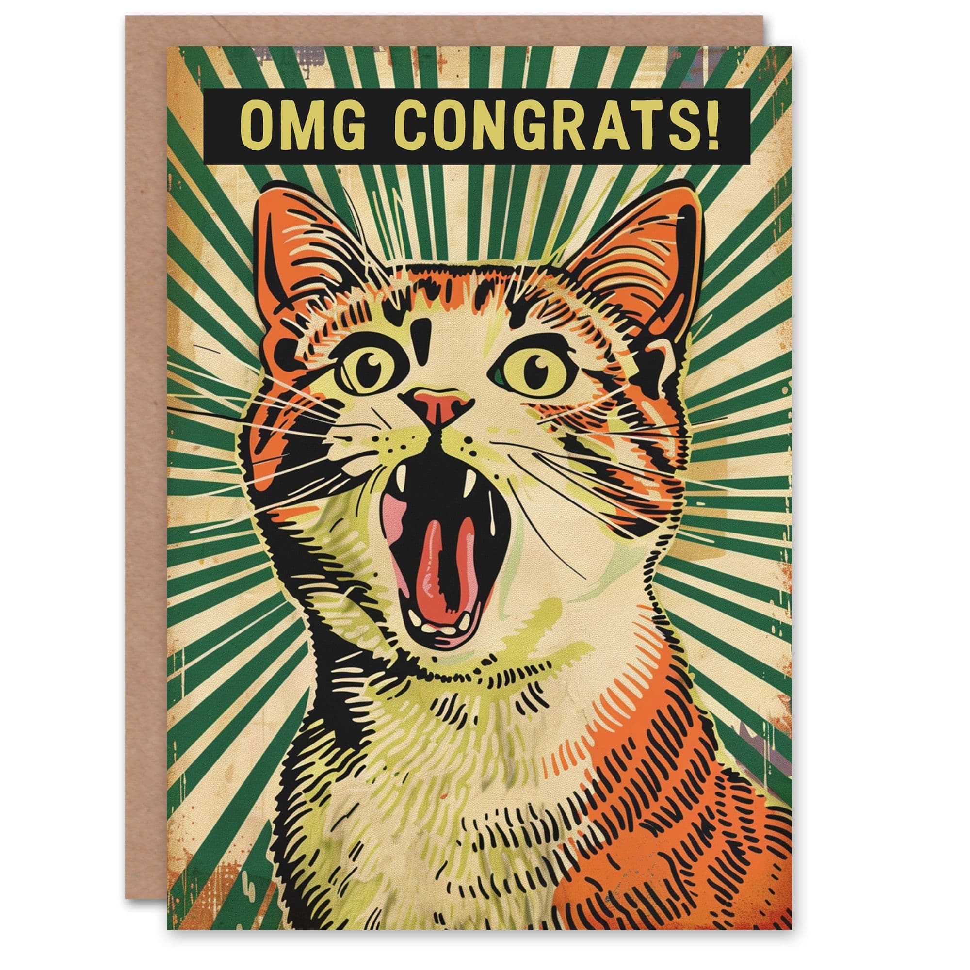 Artery8 Congratulations Card Pop Art Cat Scream OMG Fun Green Bold Arty Art All Occasion Greeting Card