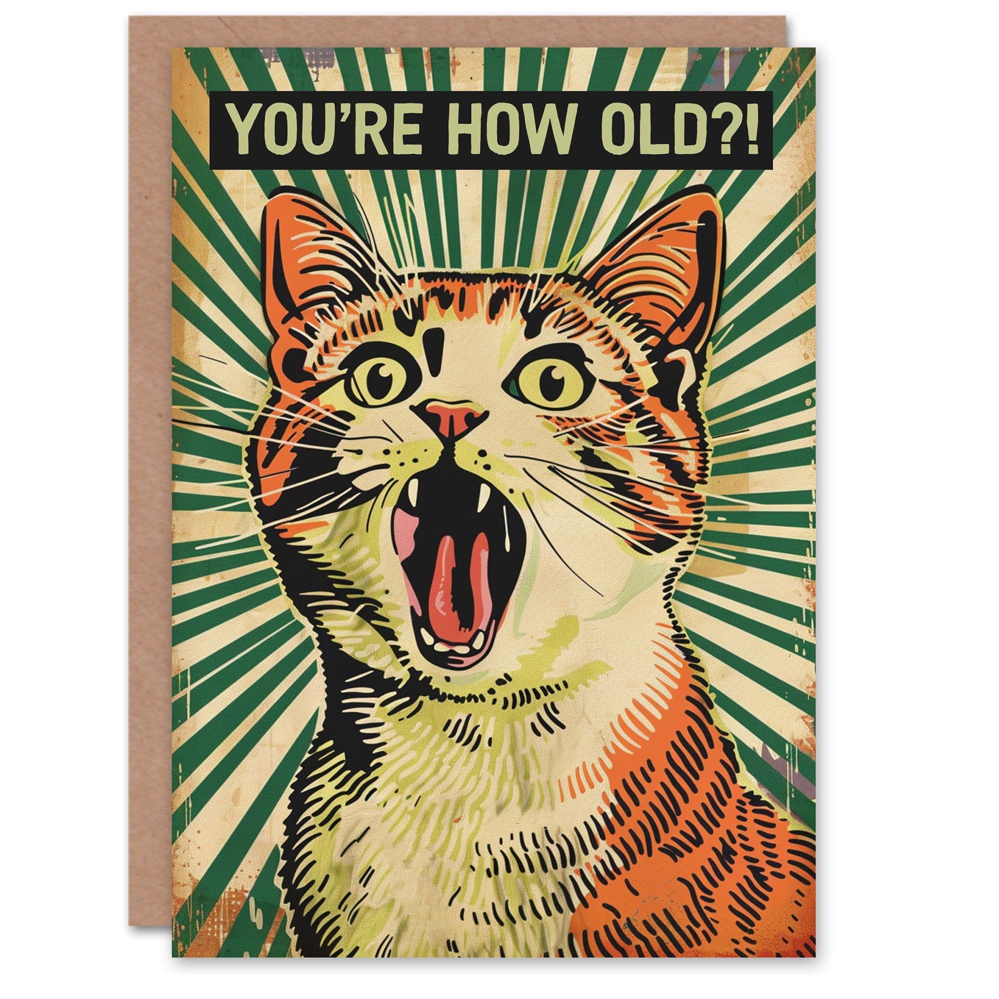 Birthday Card Pop Art Cat Scream How Old Joke Fun Bold Him Dad Brother Son Papa Grandad Greeting Card