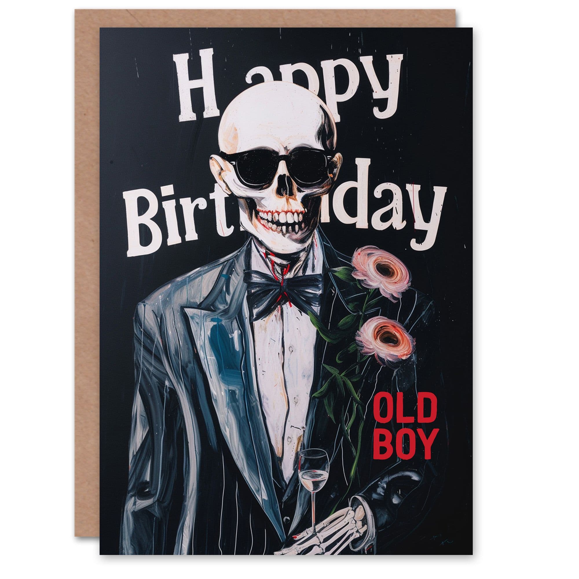 Artery8 Birthday Card Skeleton Skull Tuxedo Fun Old Boy Painting For Him Dad Brother Son Papa Grandad Greeting Card