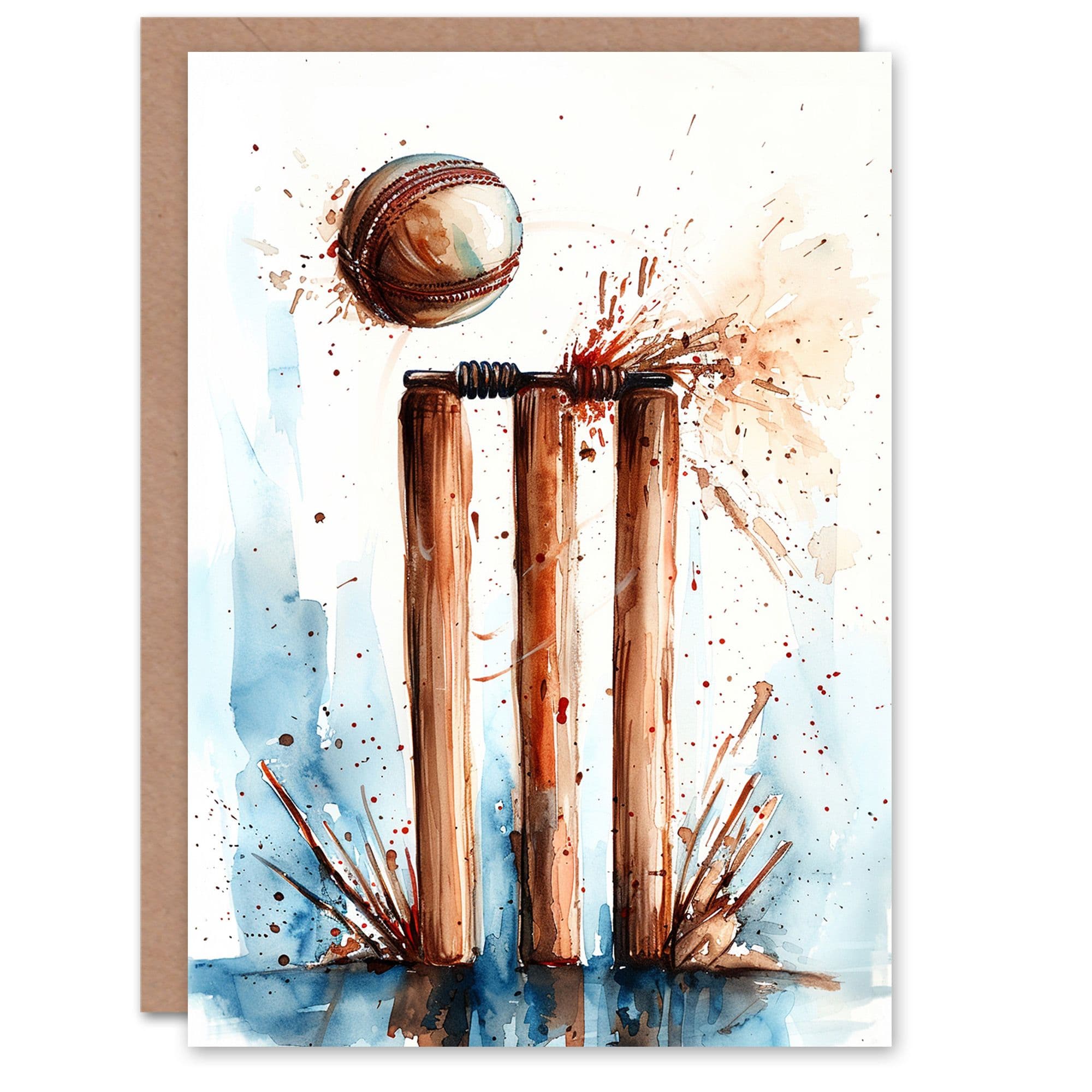 Artery8 Birthday Card Cricket Ball Wicket Watercolour Painting For Him Dad Brother Son Papa Grandad Greeting Card
