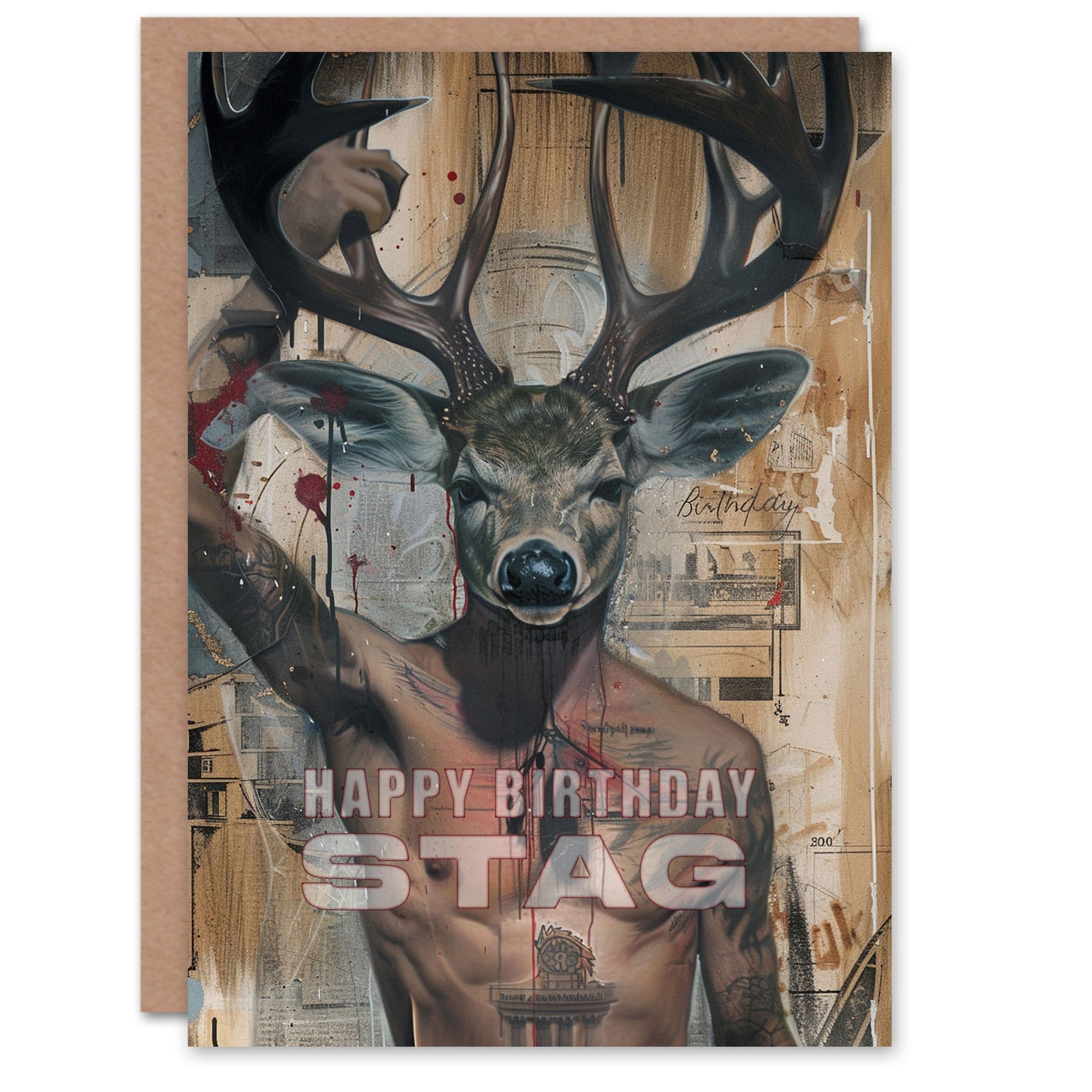 Artery8 Birthday Card Abstract Deer Boy Head Man Tattoo Punk Stag For Him Husband Partner Greeting Card