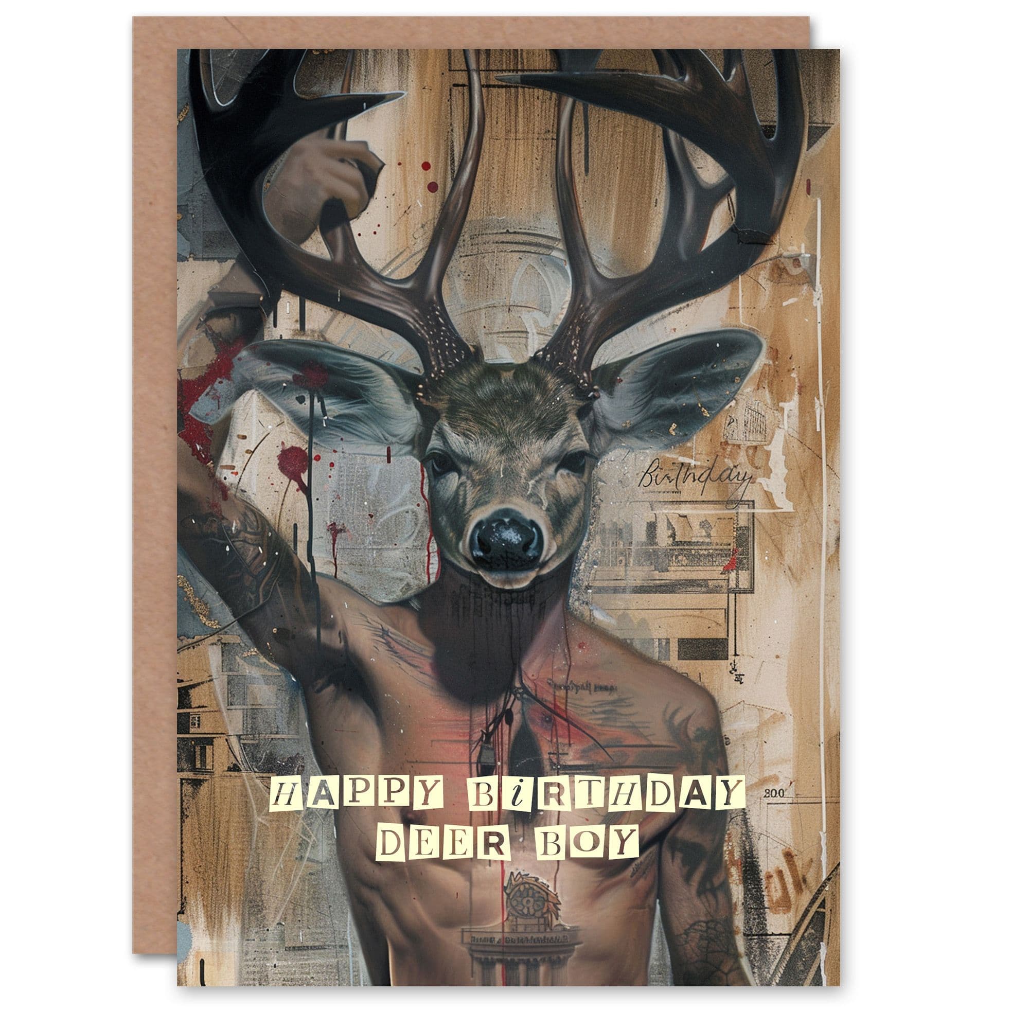 Artery8 Birthday Card Abstract Deer Boy Head Man Tattoo Punk Drawing For Him Dad Brother Son Papa Grandad Greeting Card