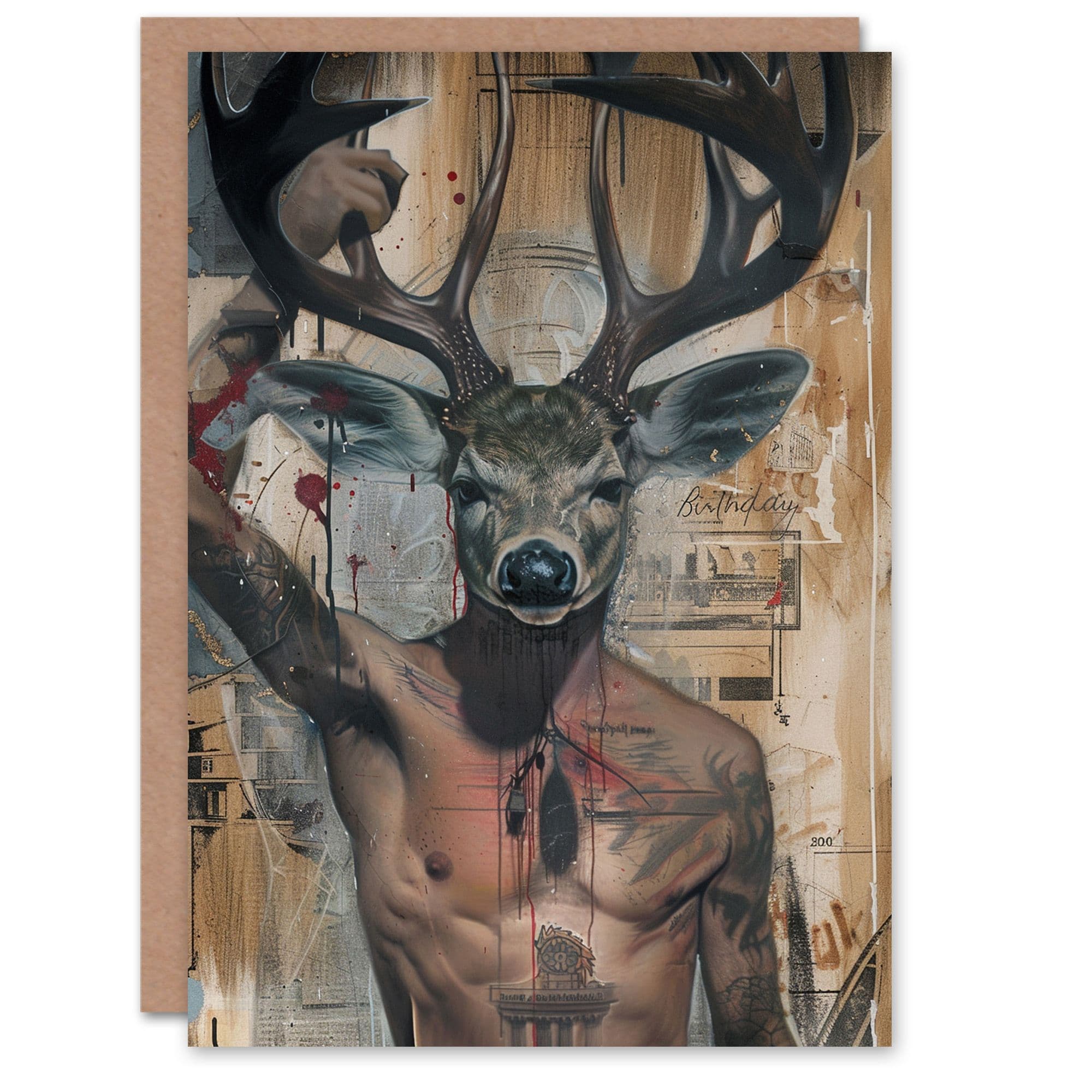 Birthday Card Abstract Deer Head Man Tattoo Drawing Him Dad Brother Son Papa Grandad Greeting Card