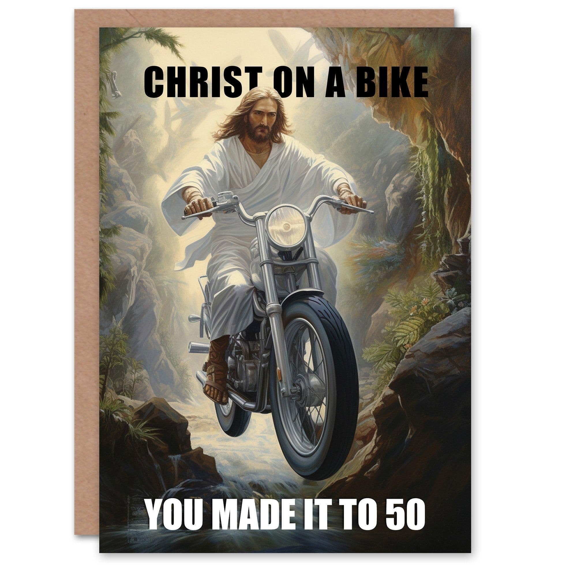 Artery8 Birthday Card Made it to 50 Christ on a Bike Motorcycle Funny For Him Dad Brother Son Papa Grandad Greeting Card