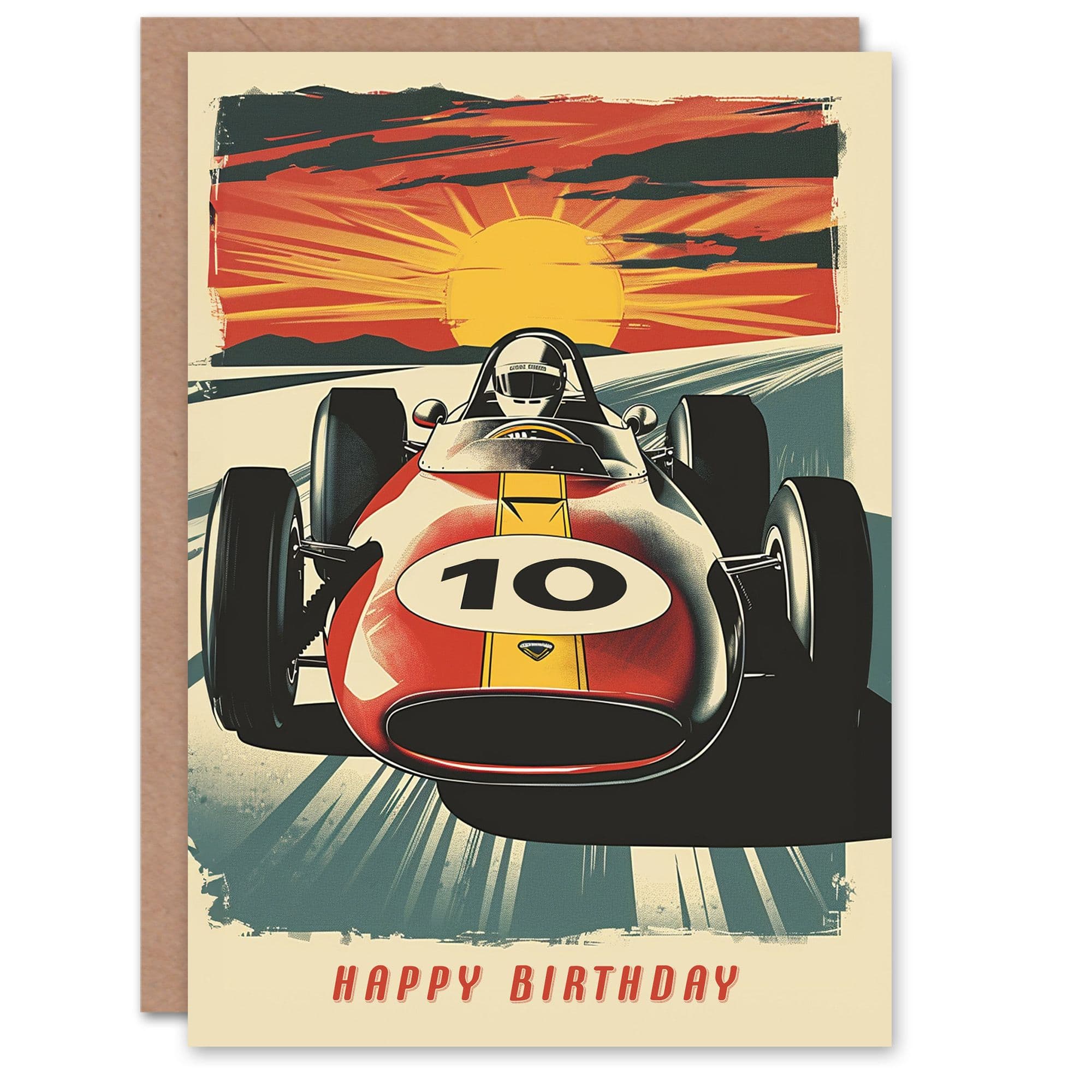 Birthday Card Race Car Sunset Racing Age 10 Motorsport Ten Year Old Greeting Card
