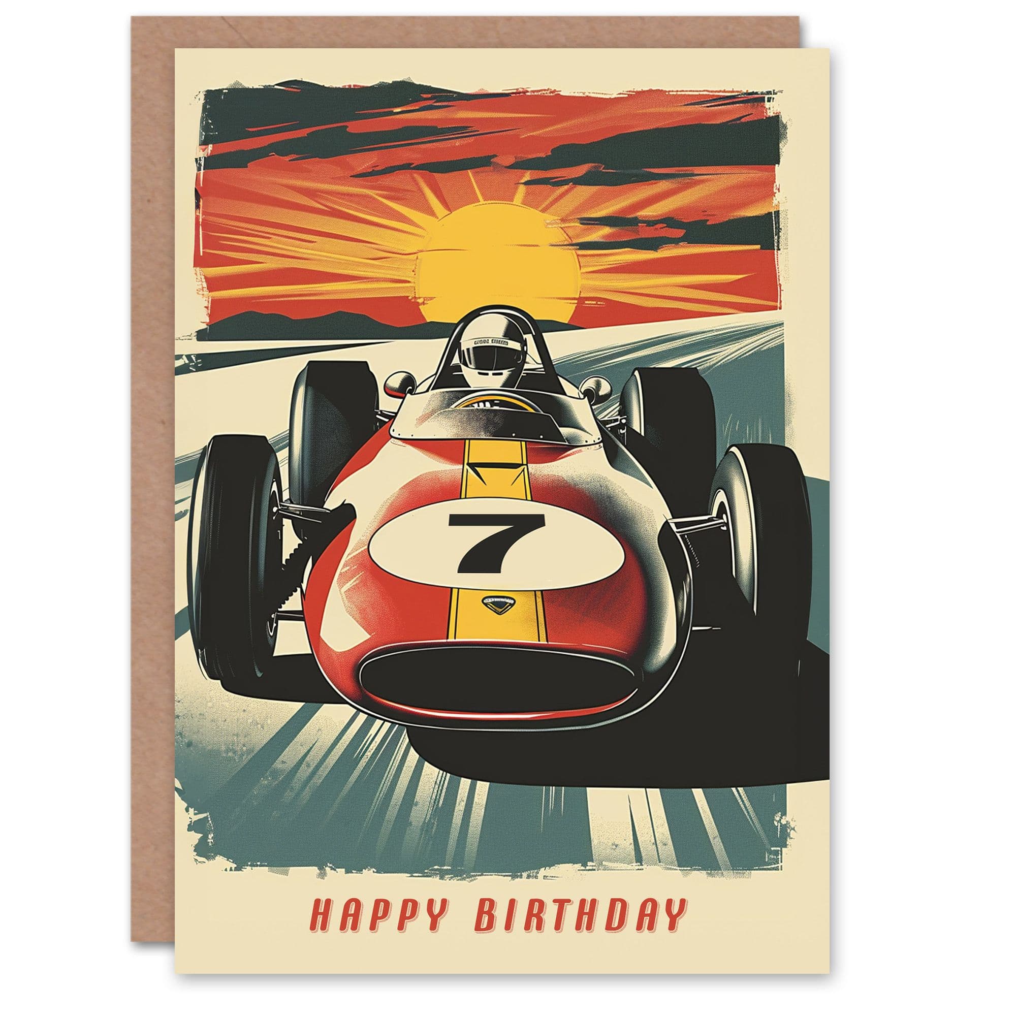 Artery8 Birthday Card Race Car Sunset Racing Age 7 Motorsport Seven Year Old For Child Kids Greeting Card