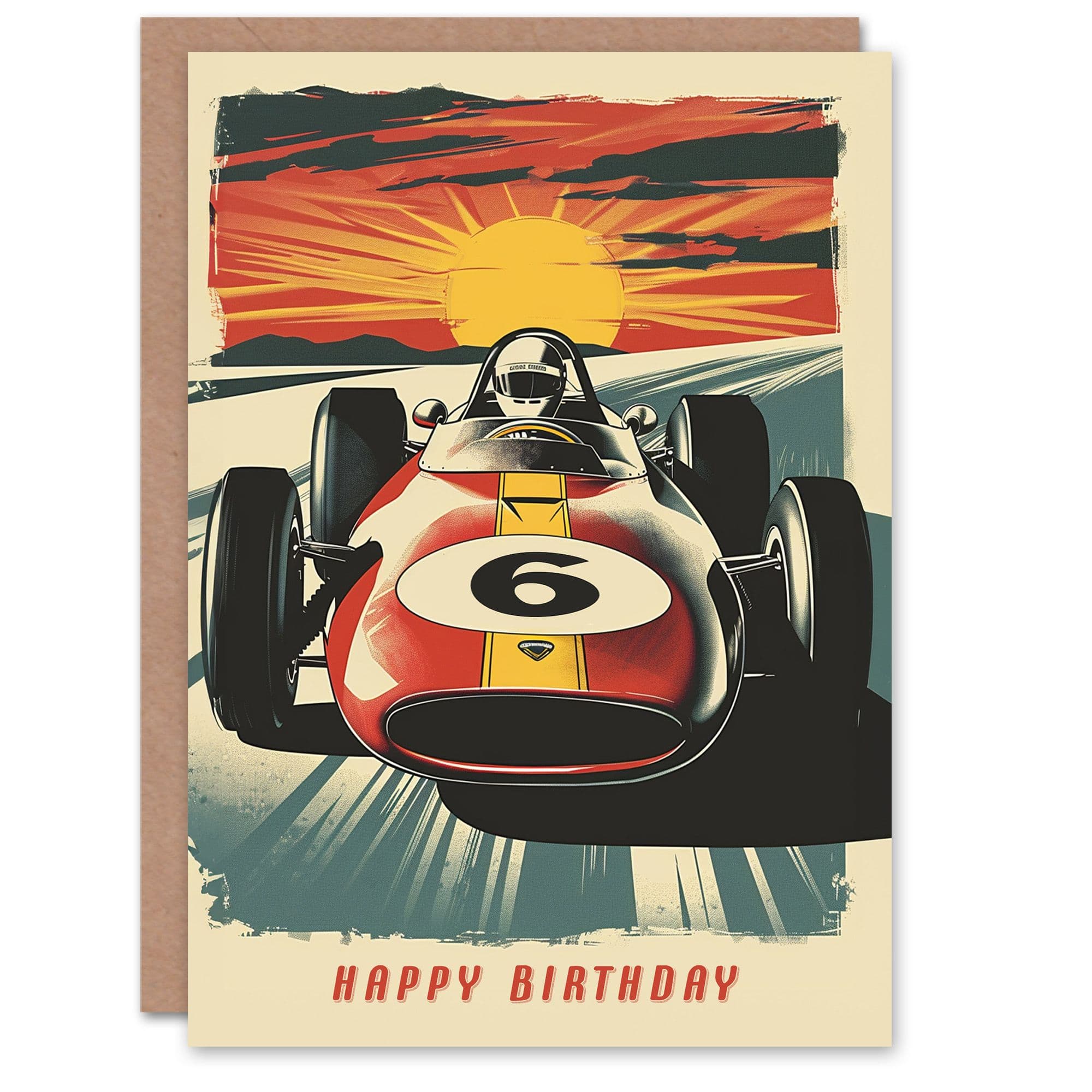 Artery8 Birthday Card Race Car Sunset Racing Age 6 Motorsport Six Year Old For Child Kids Greeting Card
