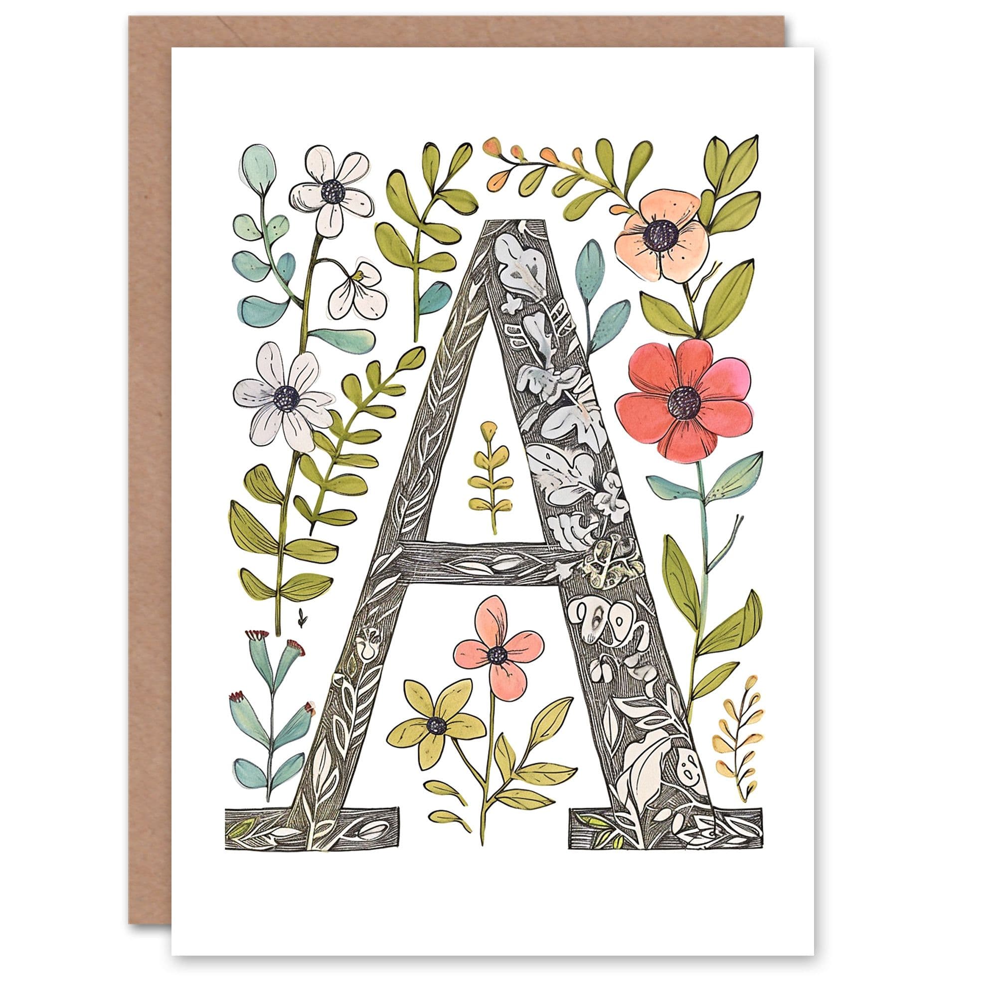 Greeting Card Letter A in Wildflowers Ornate Pencil Drawing Floral Alphabet Florist For Her Birthday Mum Wife Woman Friend