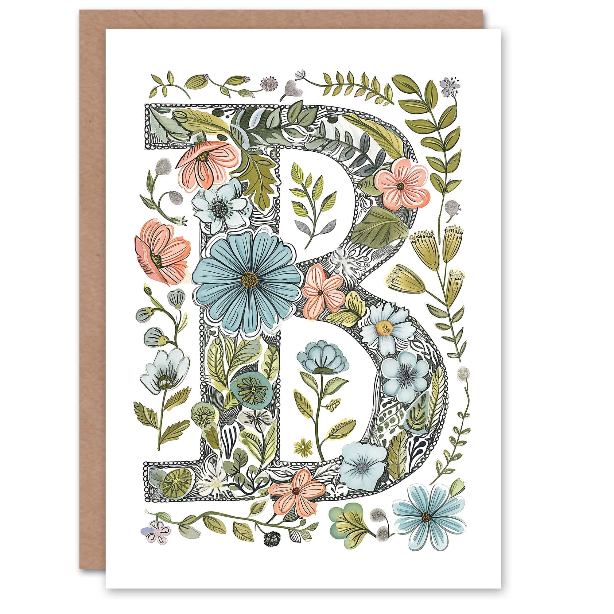 Greeting Card Letter B in Flowers Pencil Drawing Nature Leaves Floral Alphabet Florist For Her Birthday Mum Wife Woman Friend