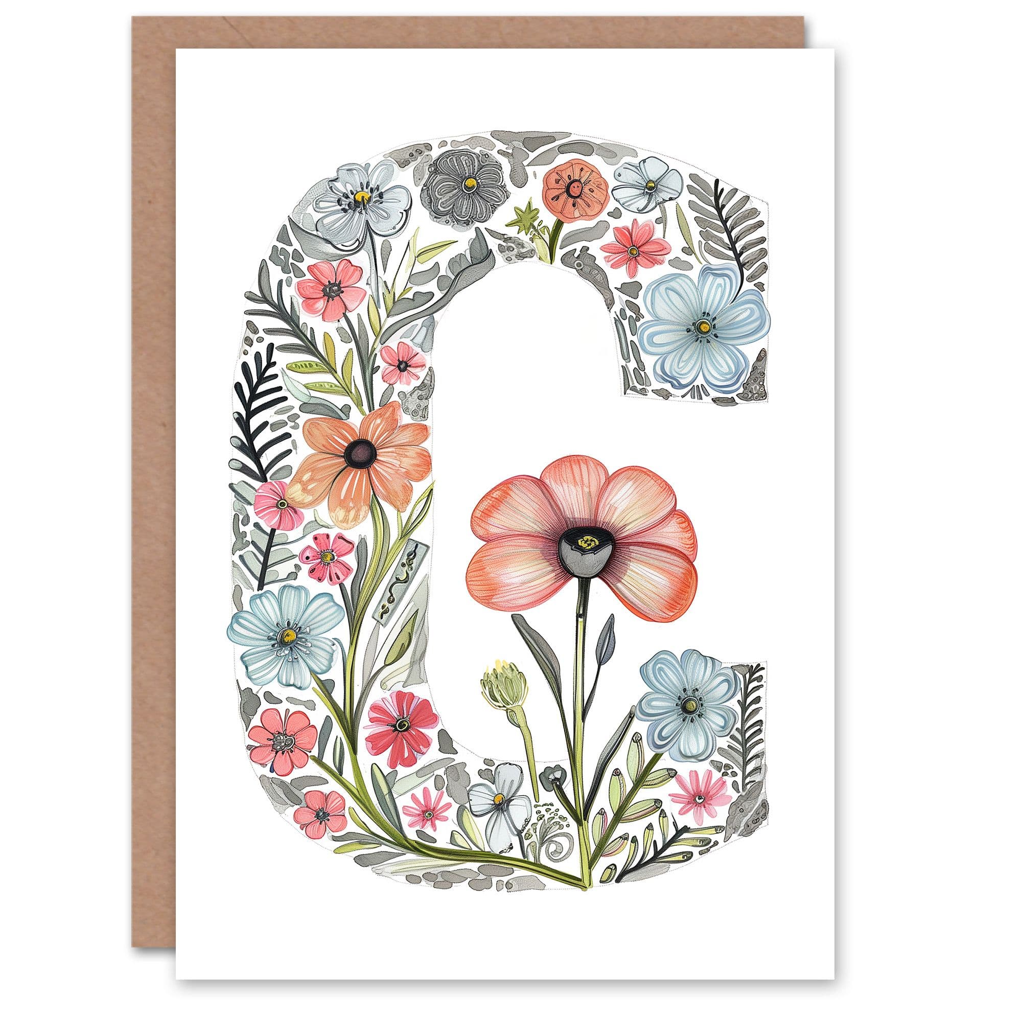 Greeting Card Letter C Flowers Watercolour Poppy Nature Floral Alphabet Florist Her Birthday Mum Wife Woman Friend