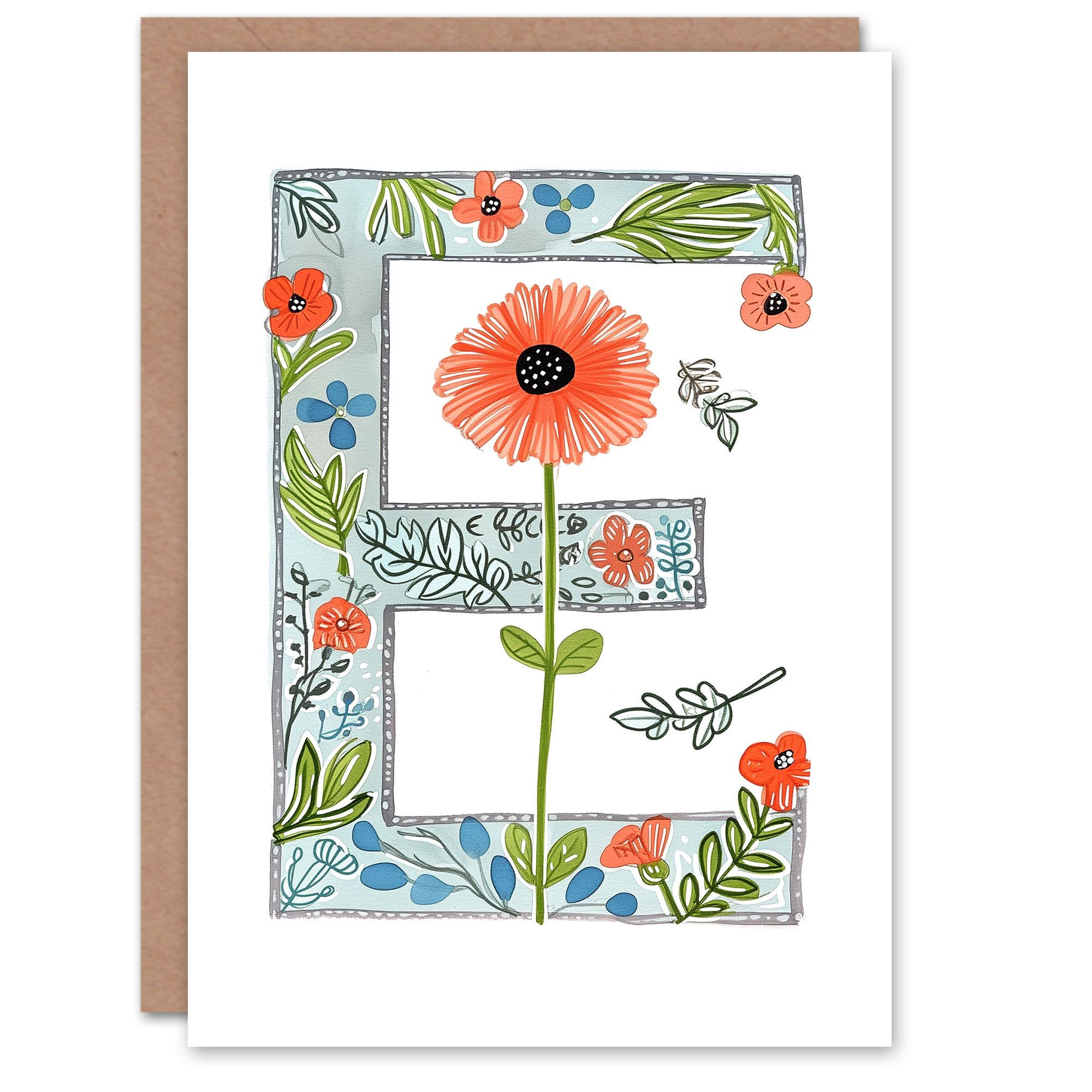 Greeting Card Letter E Watercolour Poppies Wildflowers Floral Alphabet Florist Her Birthday Mum Wife Woman Friend