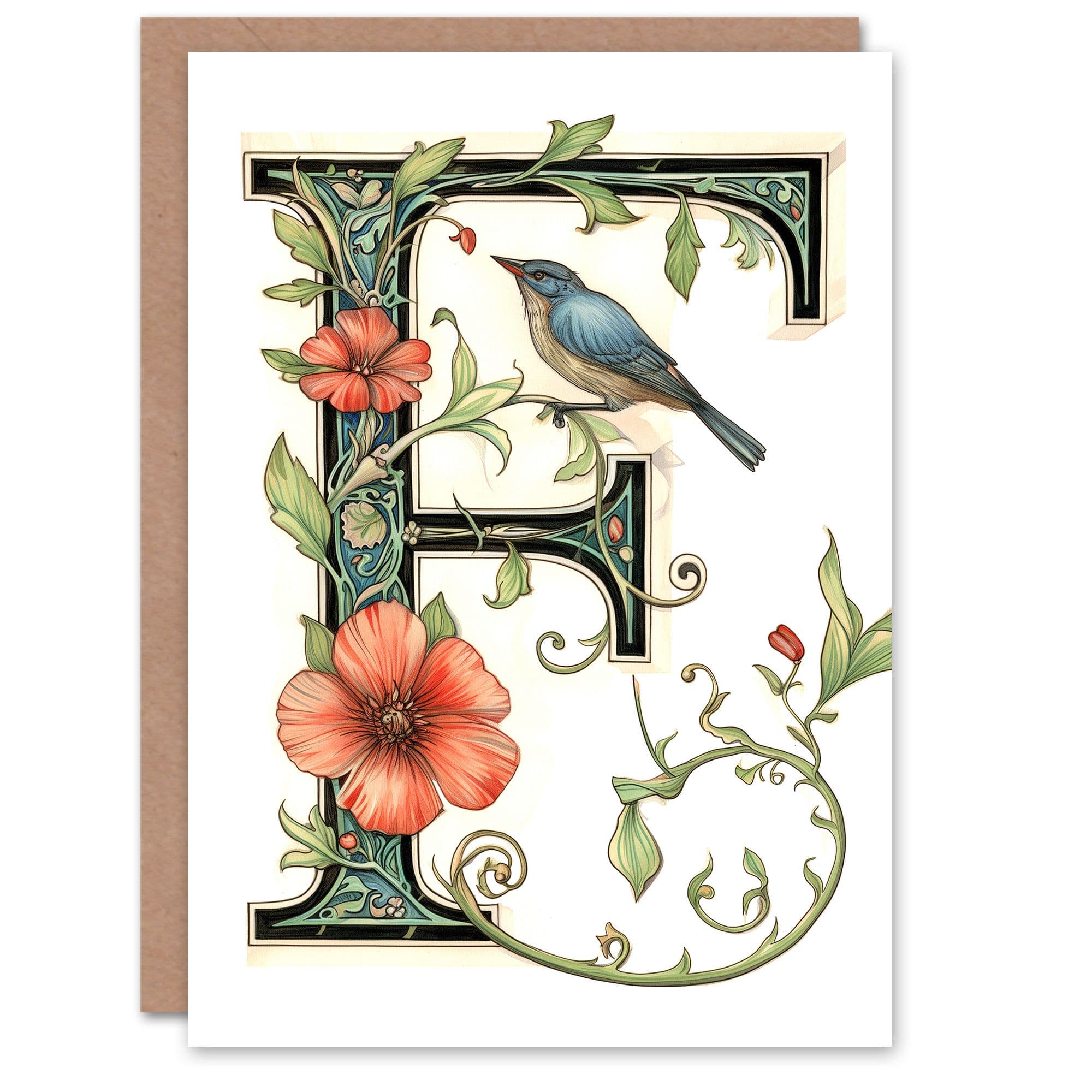 Greeting Card Letter F in Calligraphy Watercolour Bird Flowers Floral Alphabet Florist For Her Birthday Mum Wife Woman Friend
