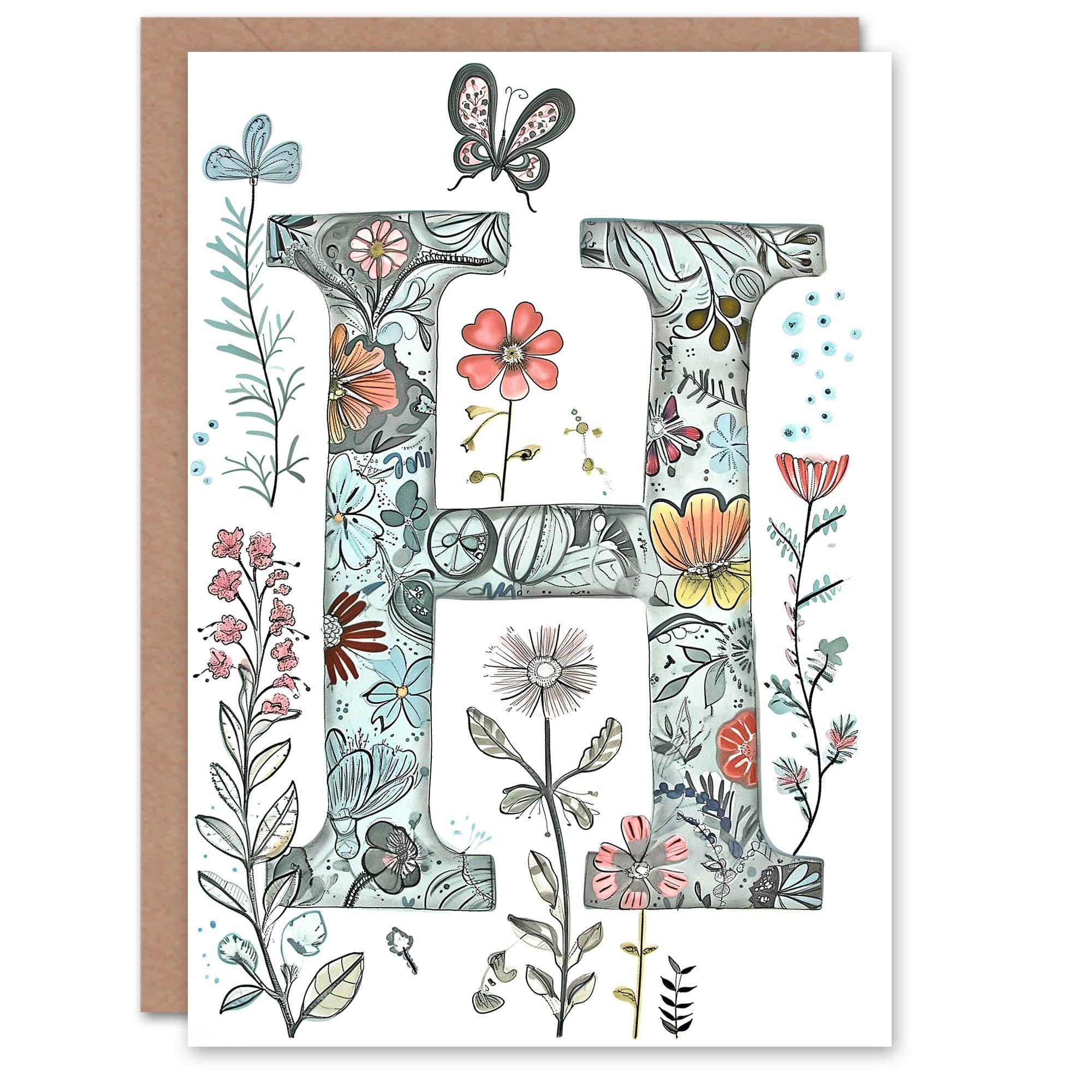 Greeting Card Letter H Wildflower Garden Watercolour Butterfly Floral Alphabet Florist Her Birthday Mum Wife Woman Friend
