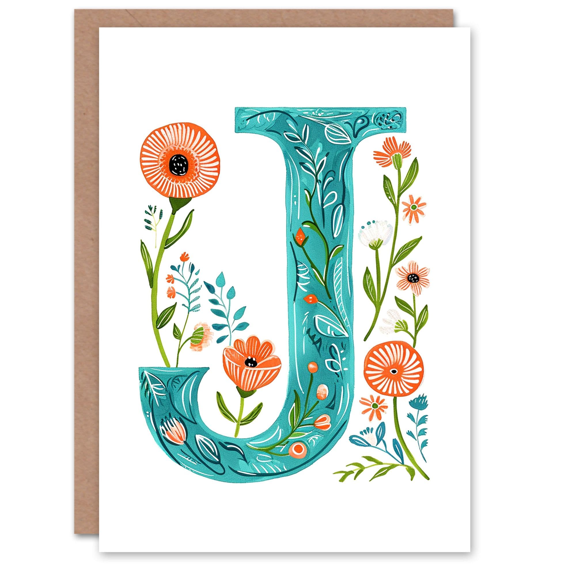 Greeting Card Letter J in Watercolour Wildflowers Poppy Abstract Floral Alphabet Florist For Her Birthday Mum Wife Woman Friend