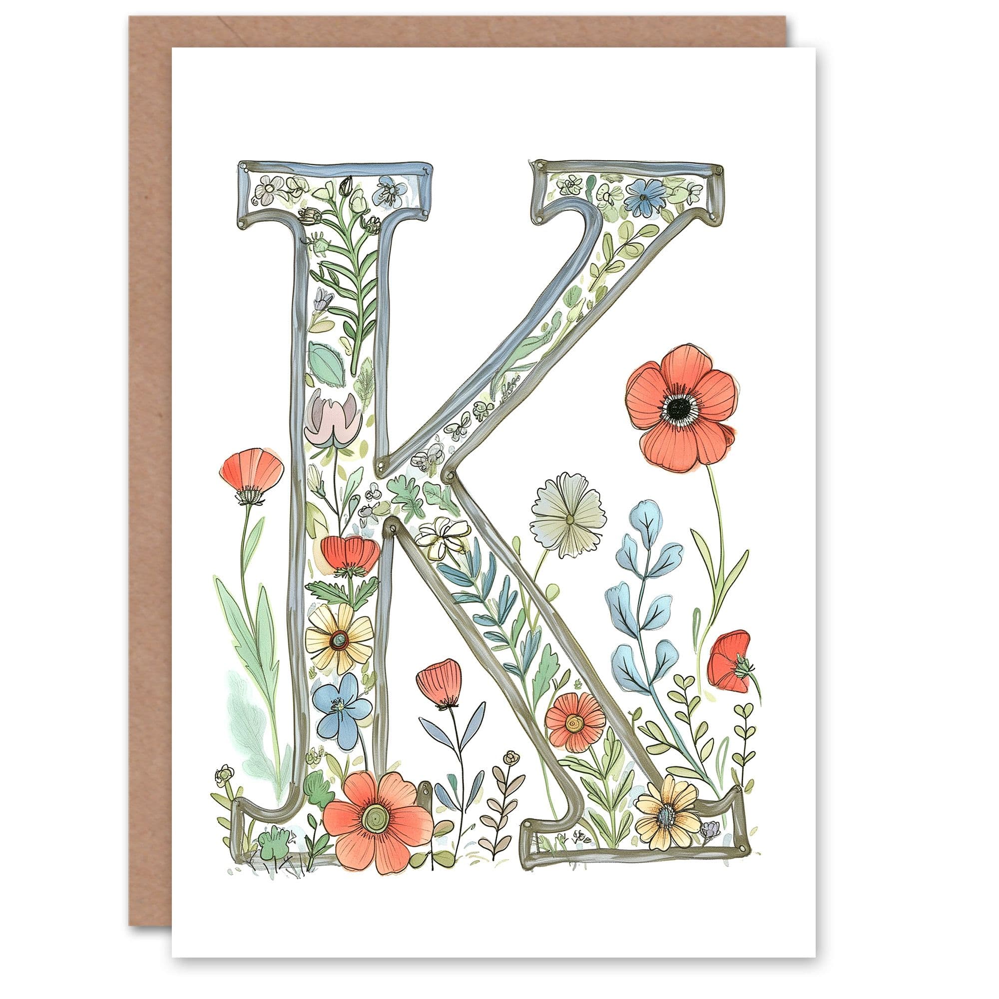 Greeting Card Letter K Watercolour Wildflowers Delicate Nature Floral Alphabet Florist For Her Birthday Mum Wife Woman Friend