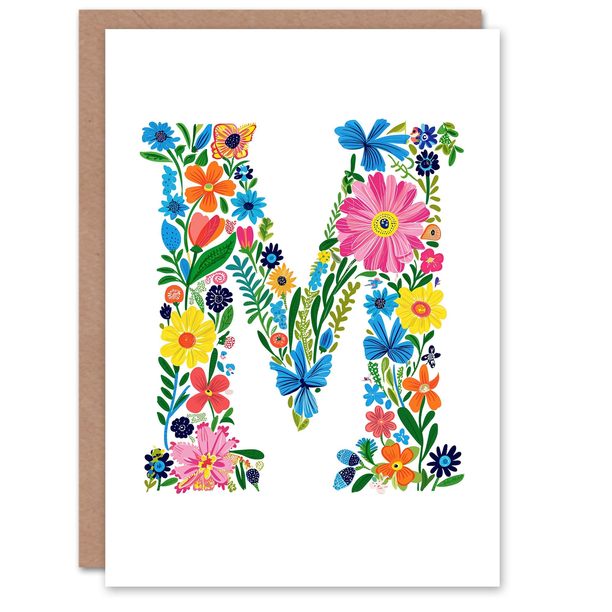 Greeting Card Letter M Bright Colourful Flowers Spring Garden Floral Alphabet Florist Her Birthday Mum Wife Woman Friend