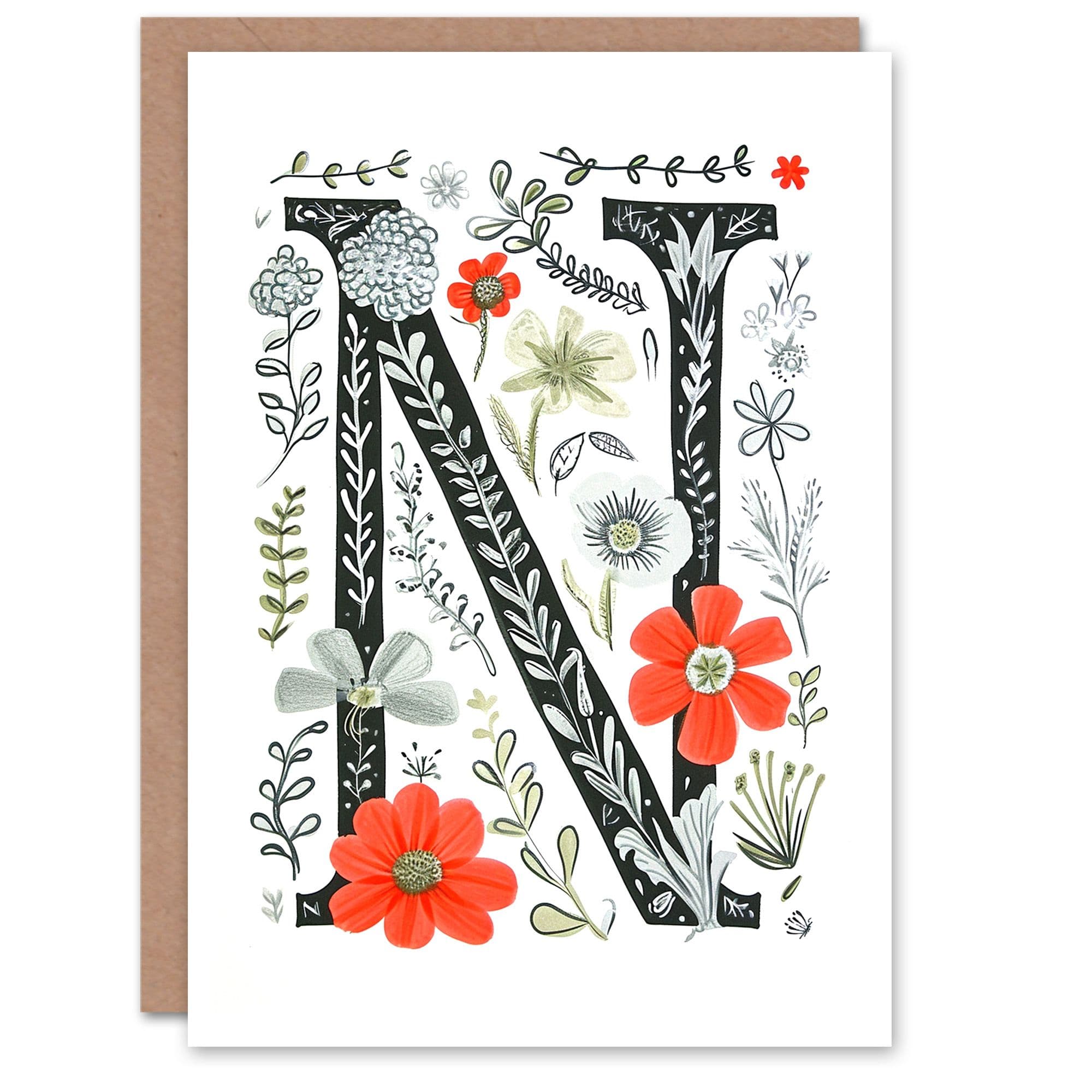 Greeting Card Letter N in Poppies Wildflowers Pen Drawing Floral Alphabet Florist For Her Birthday Mum Wife Woman Friend