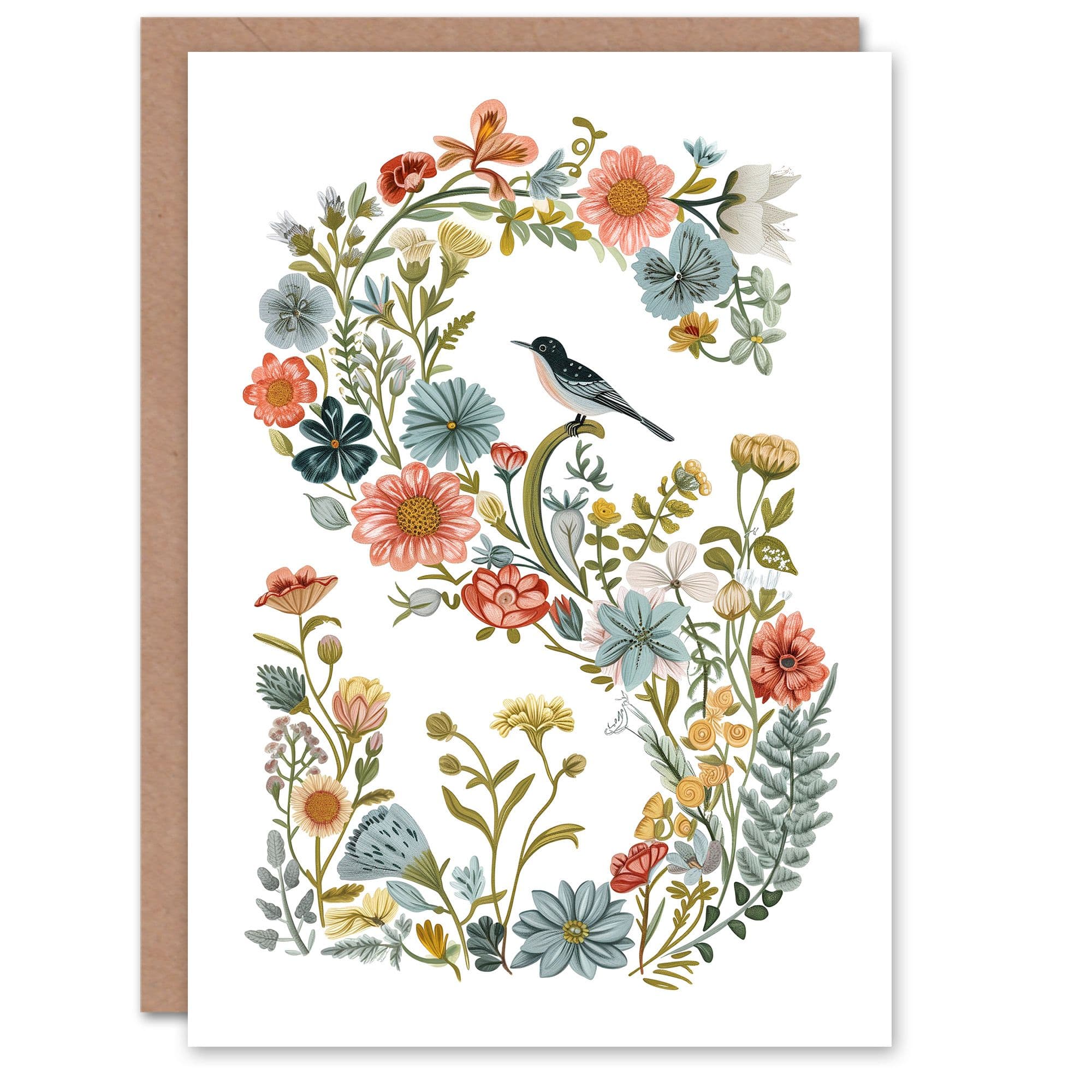 Greeting Card Letter S Classic Wildflowers Bird Elegant Floral Alphabet Florist Her Birthday Mum Wife Woman Friend