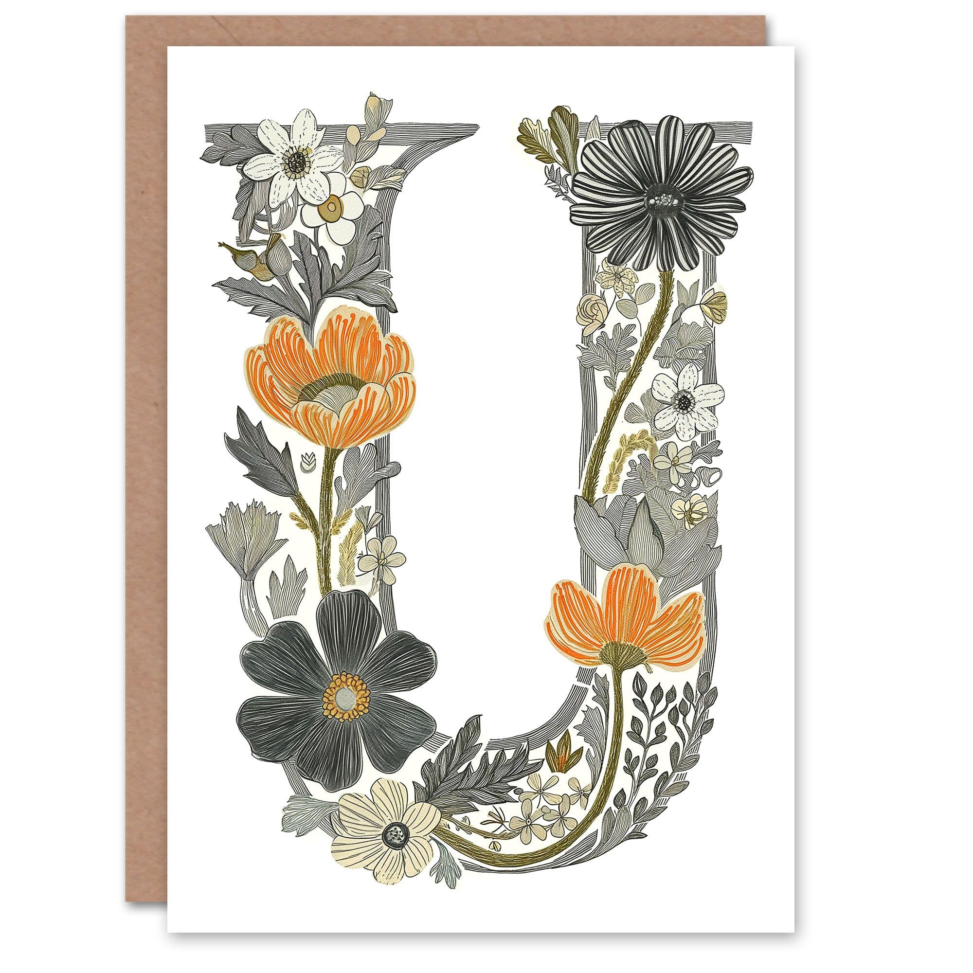 Greeting Card Letter U in Wildflowers Line Drawing Red Delicate Floral Alphabet Florist For Her Birthday Mum Wife Woman Friend