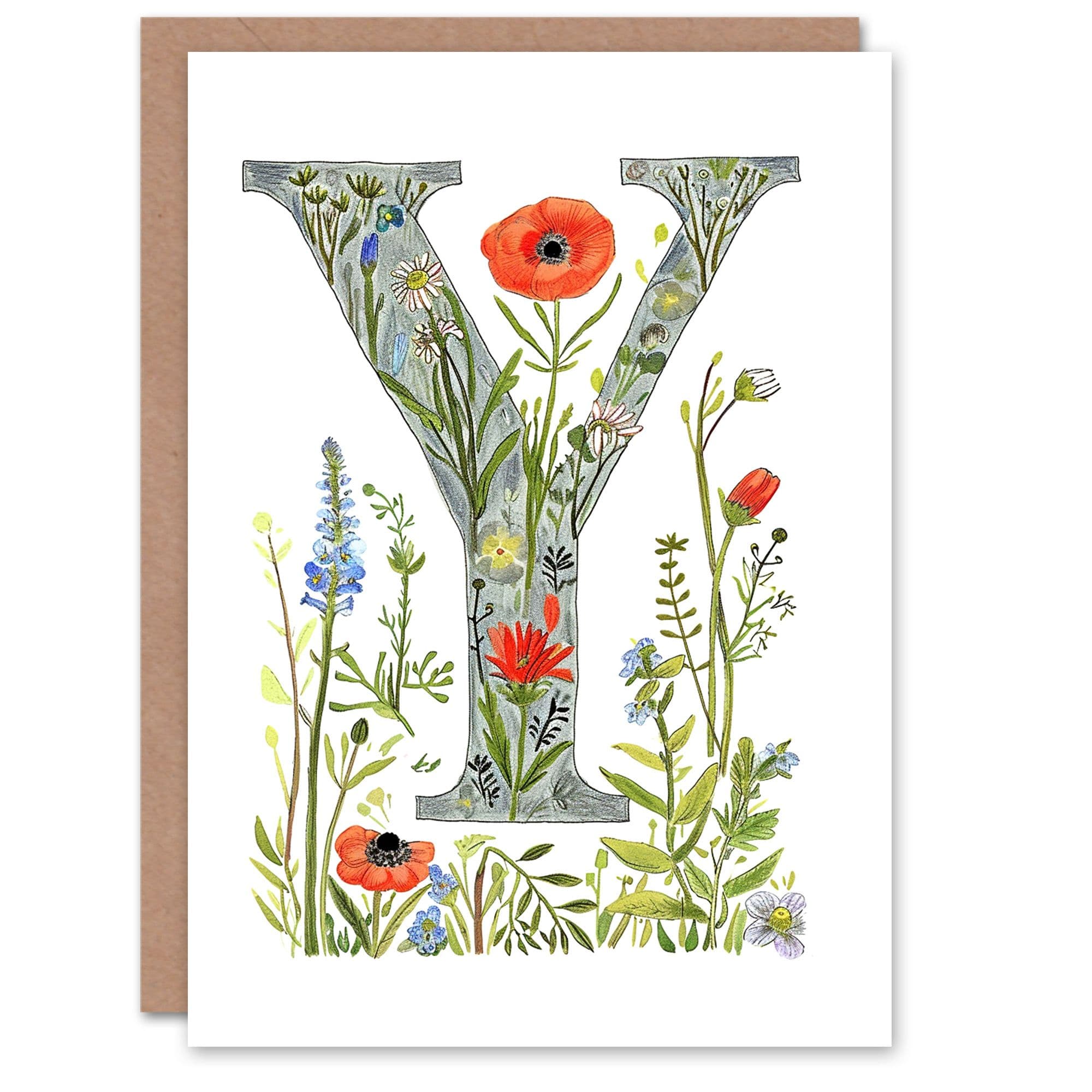 Greeting Card Letter Y in Watercolour and Pencil Poppy Garden Floral Alphabet Florist For Her Birthday Mum Wife Woman Friend