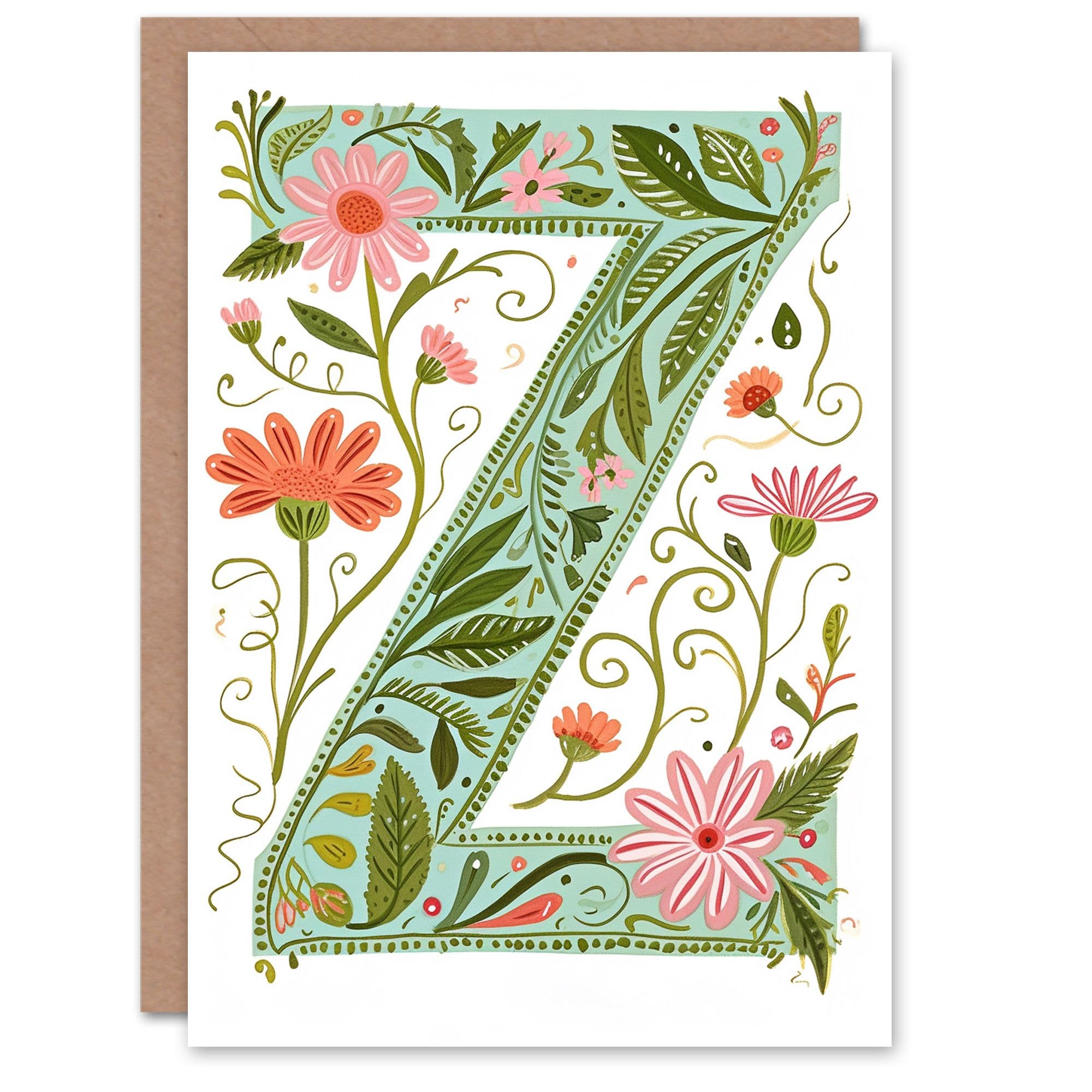 Greeting Card Letter Z in Bright Watercolour Pretty Wildflowers Floral Alphabet Florist For Her Birthday Mum Wife Woman Friend