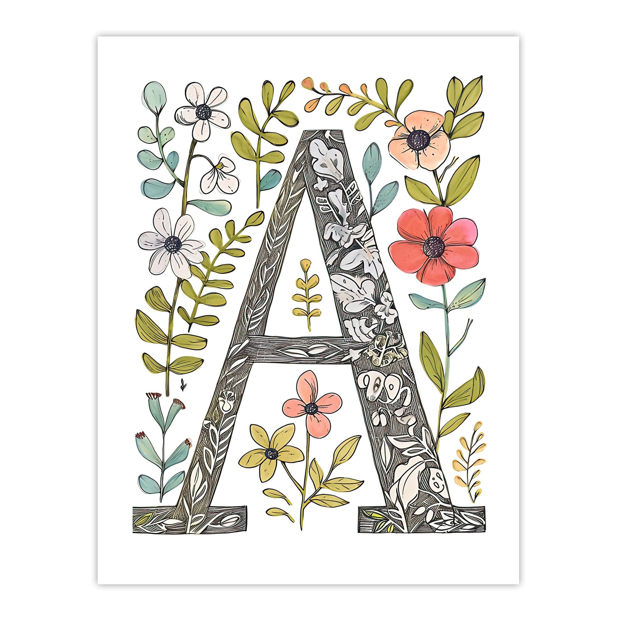 Artery8 Women's Wall Art Print Letter A in Wildflowers Ornate Pencil Drawing Floral Word Art For Her Poster | Size: W18" x H24"