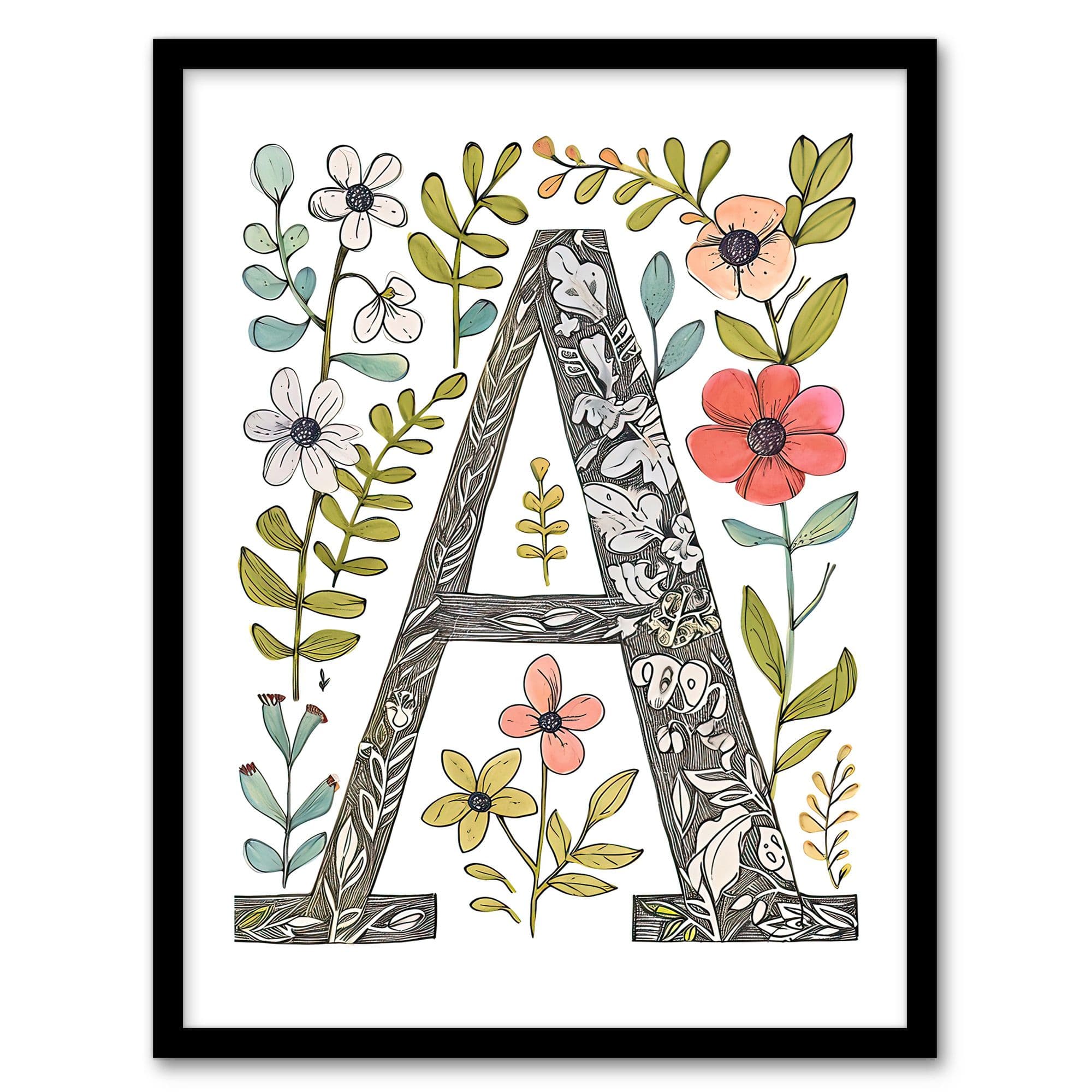 Wall Art Print Letter Wildflowers Ornate Pencil Drawing Floral Word Art Framed W12" x H16"