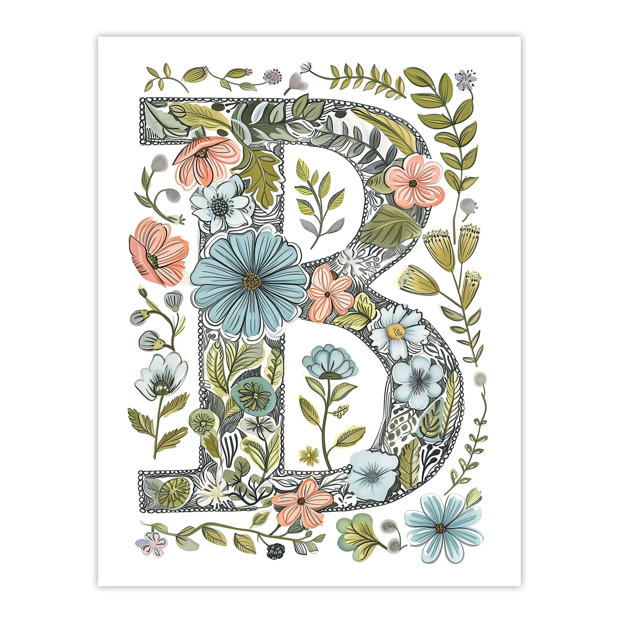 Wall Art Print Letter B Flowers Pencil Drawing Nature Leaves Floral Word Art Her Poster W12" x H16"