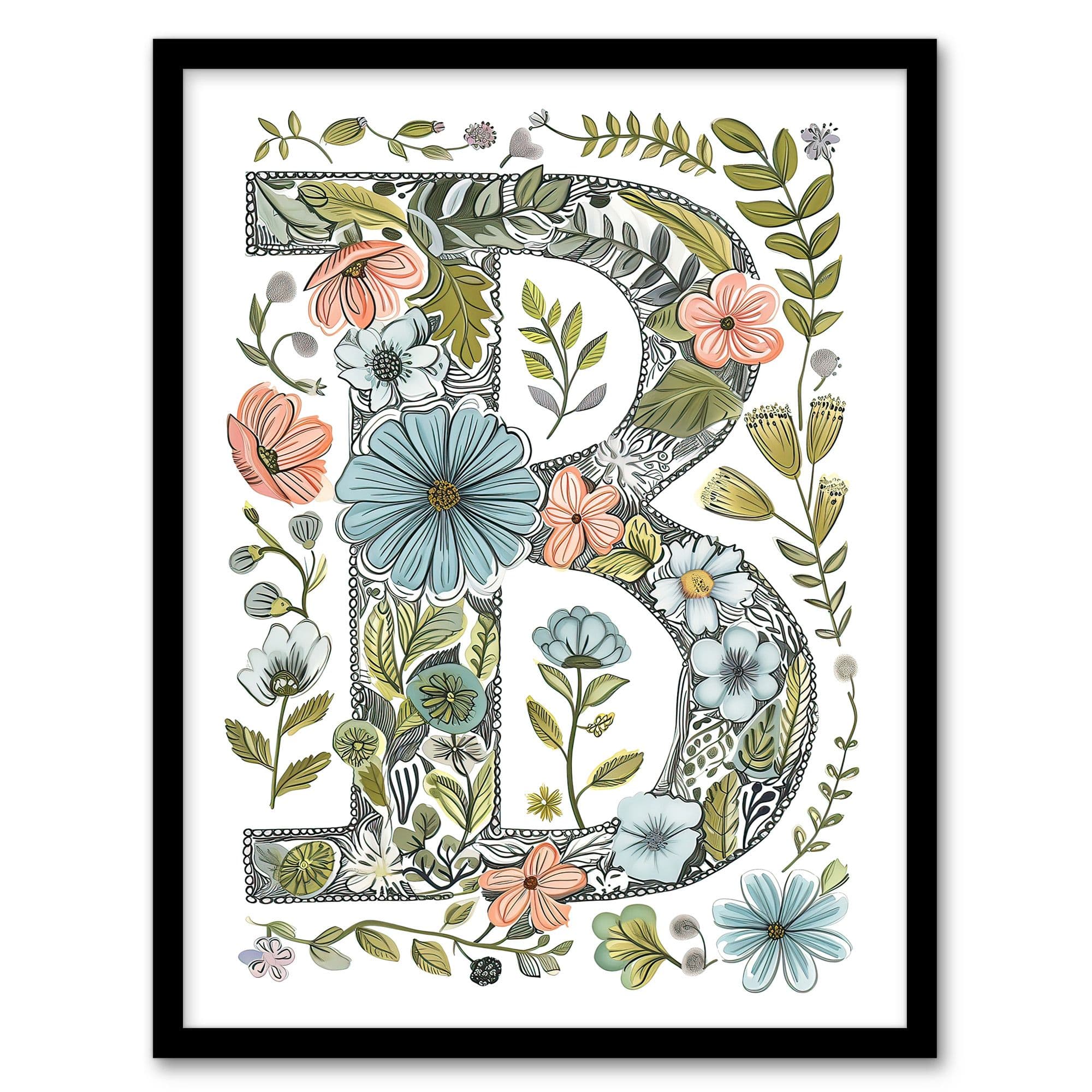 Wall Art Print Letter B Flowers Pencil Drawing Nature Leaves Floral Word Art Framed A4