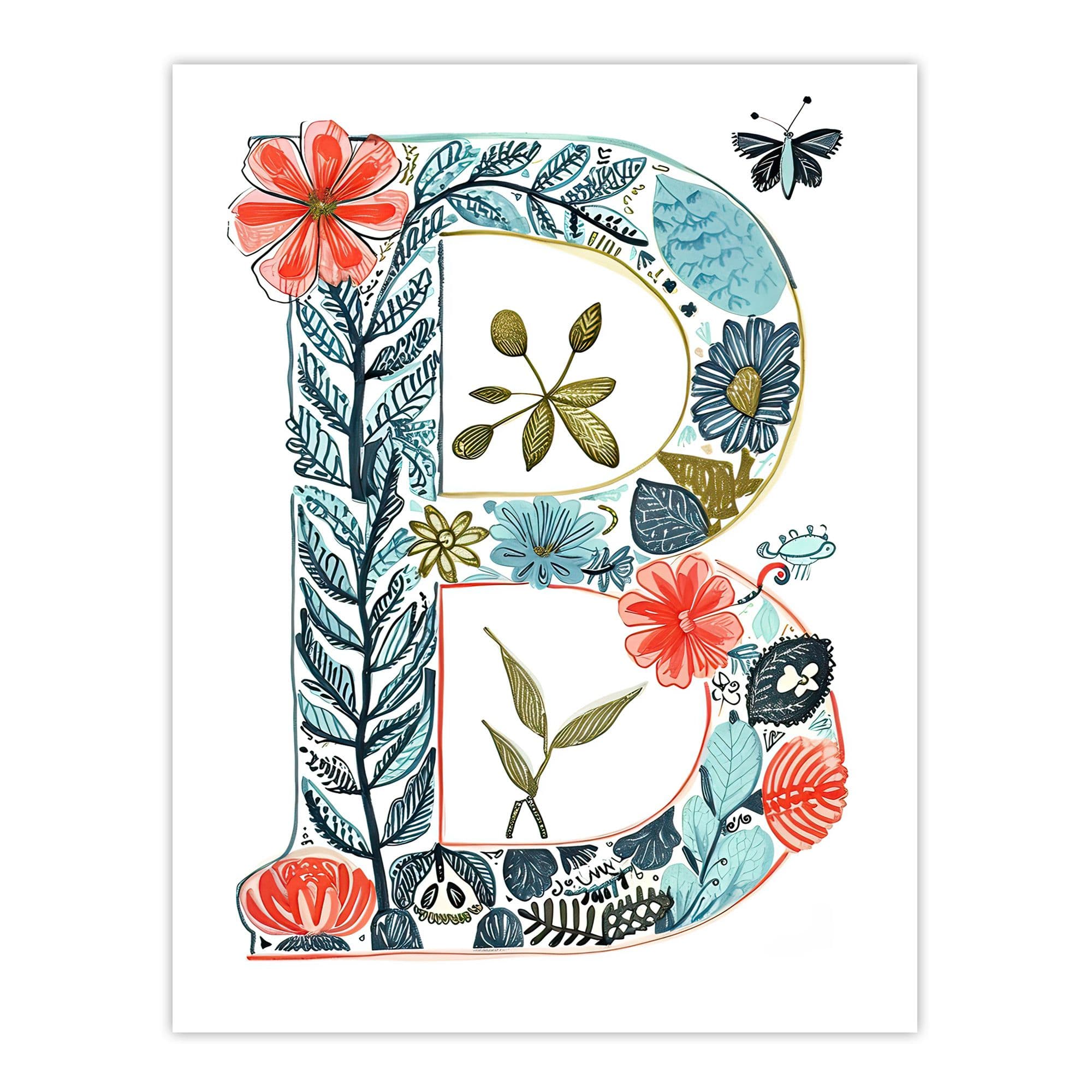 Artery8 Women's Wall Art Print Letter B in Flowers Pen Drawing Butterfly Pretty Floral Word Art For Her Poster | Size: W12" x H16"