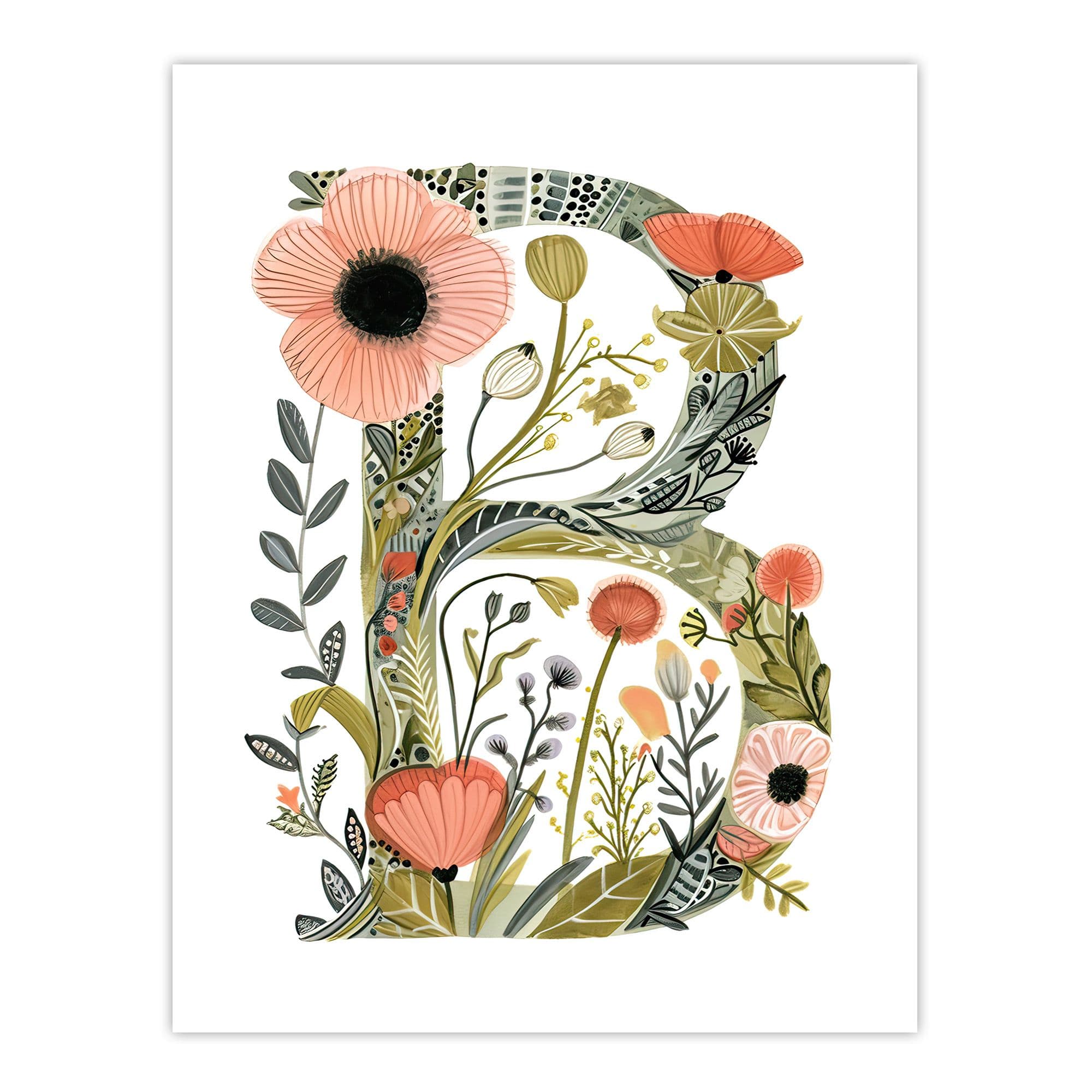 Wall Art Print Letter B Wildflowers Watercolour Poppies Floral Word Art Her Poster W24" x H32"