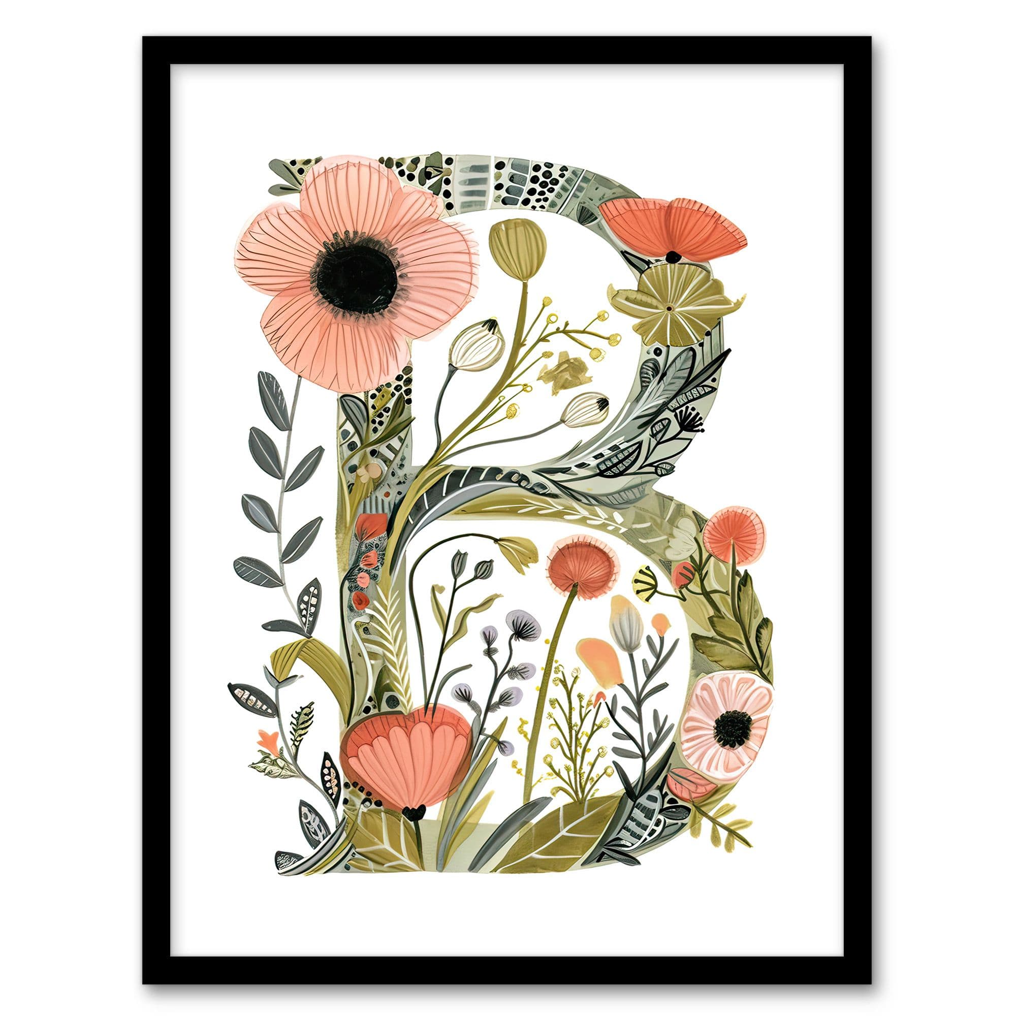 Artery8 Women's Wall Art Print Letter B in Wildflowers Watercolour Poppies Floral Word Art Framed | Size: W12" x H16"