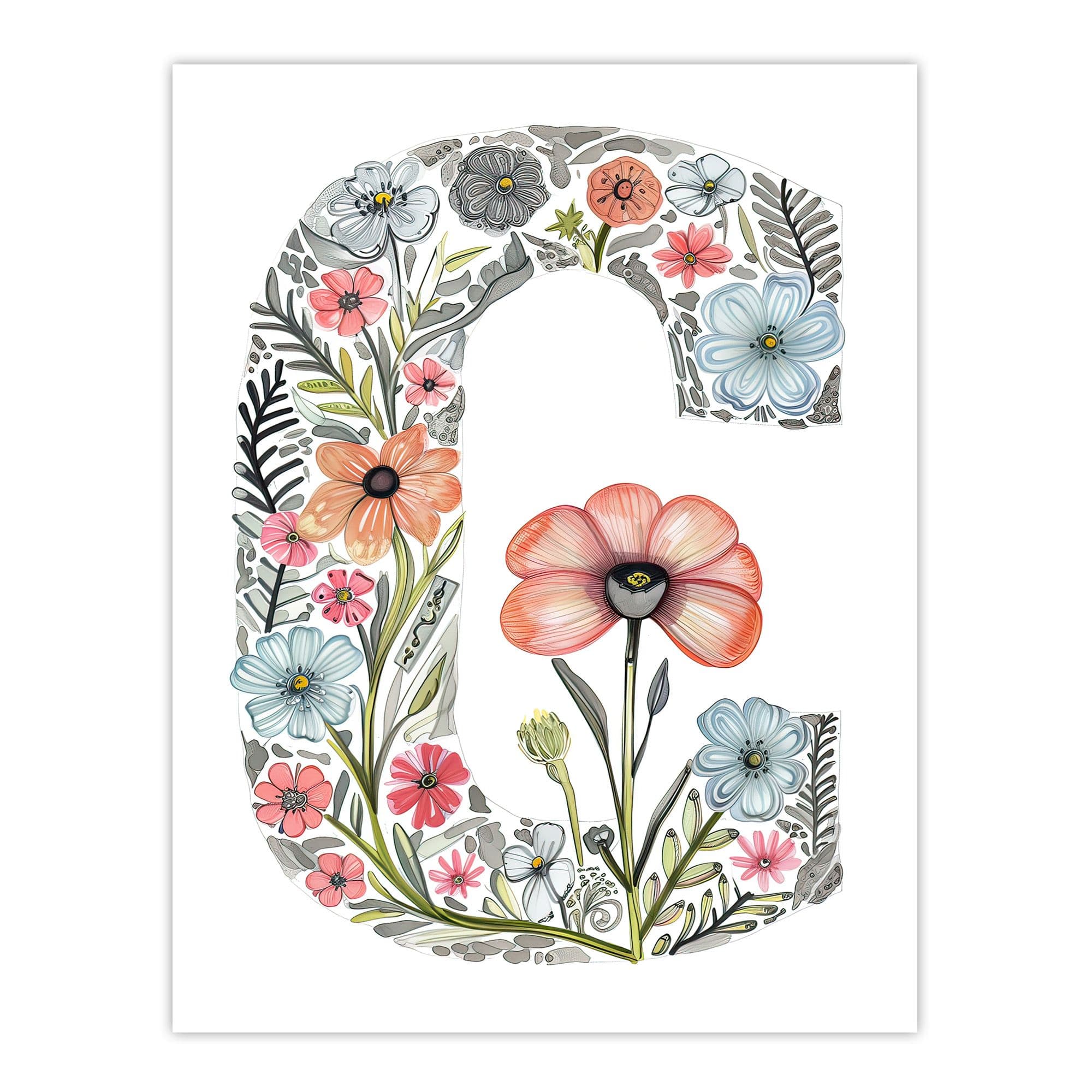 Artery8 Women's Wall Art Print Letter C in Flowers Watercolour Poppy Nature Floral Word Art For Her Poster | Size: W24" x H32"